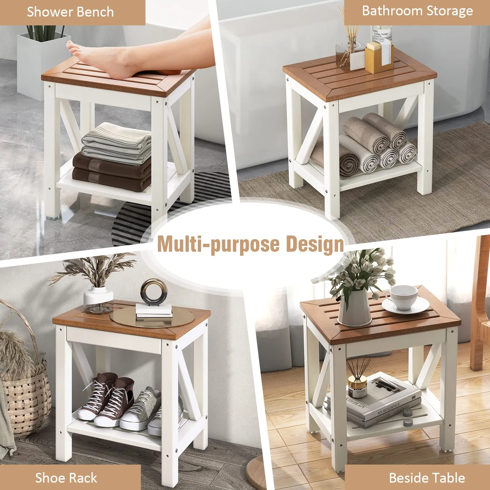 Giantex Shower Bench Waterproof HDPE - Shower Stool with Storage Shelf, 2-Tier Plastic Spa Bath Step Shower Seat