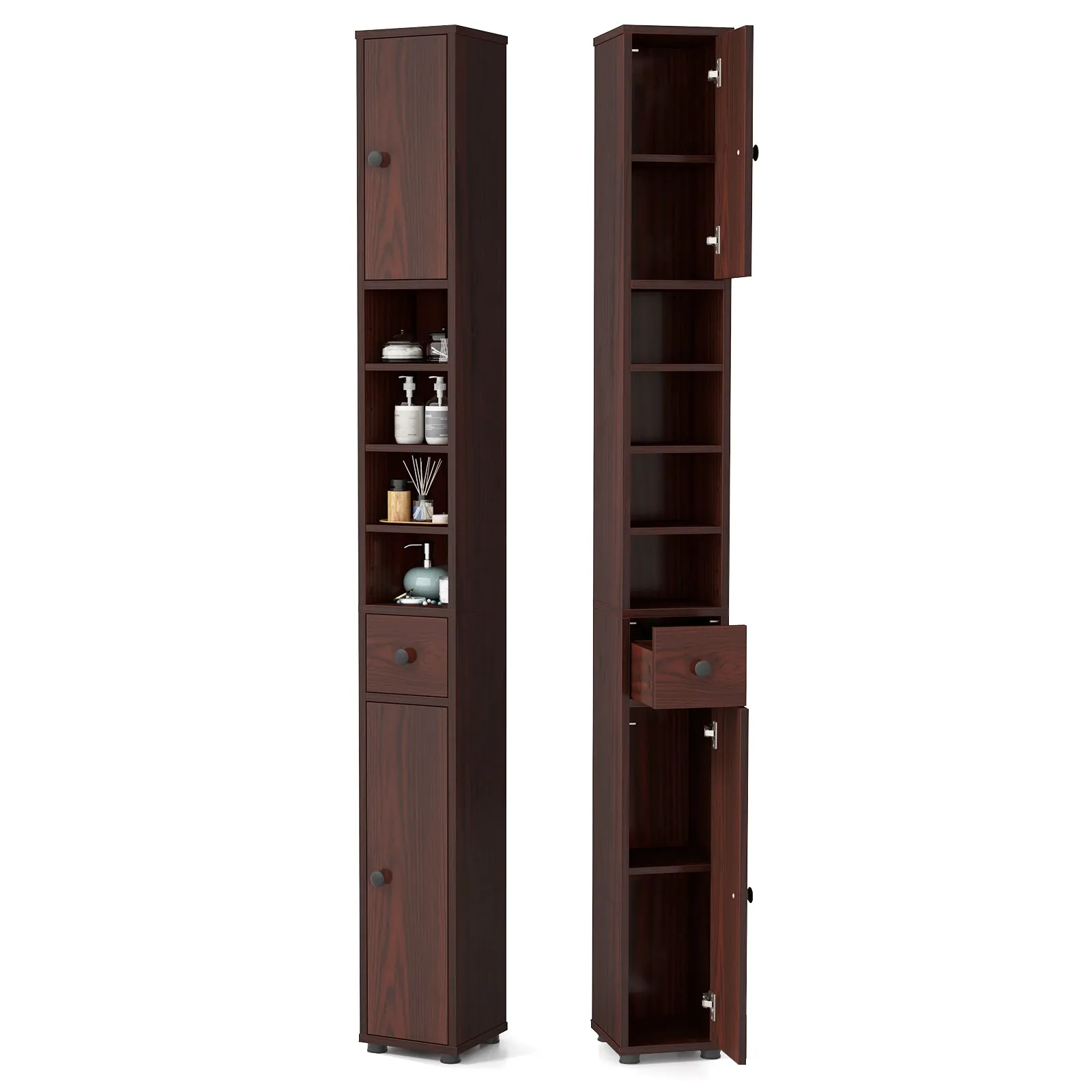 Giantex Slim Bathroom Storage Cabinet - 71" Tall Narrow Floor Cabinet Cupboard with 2 Doors, 5 Adjustable Shelves, 1 Drawer bathroom organizer, toilet brush holder