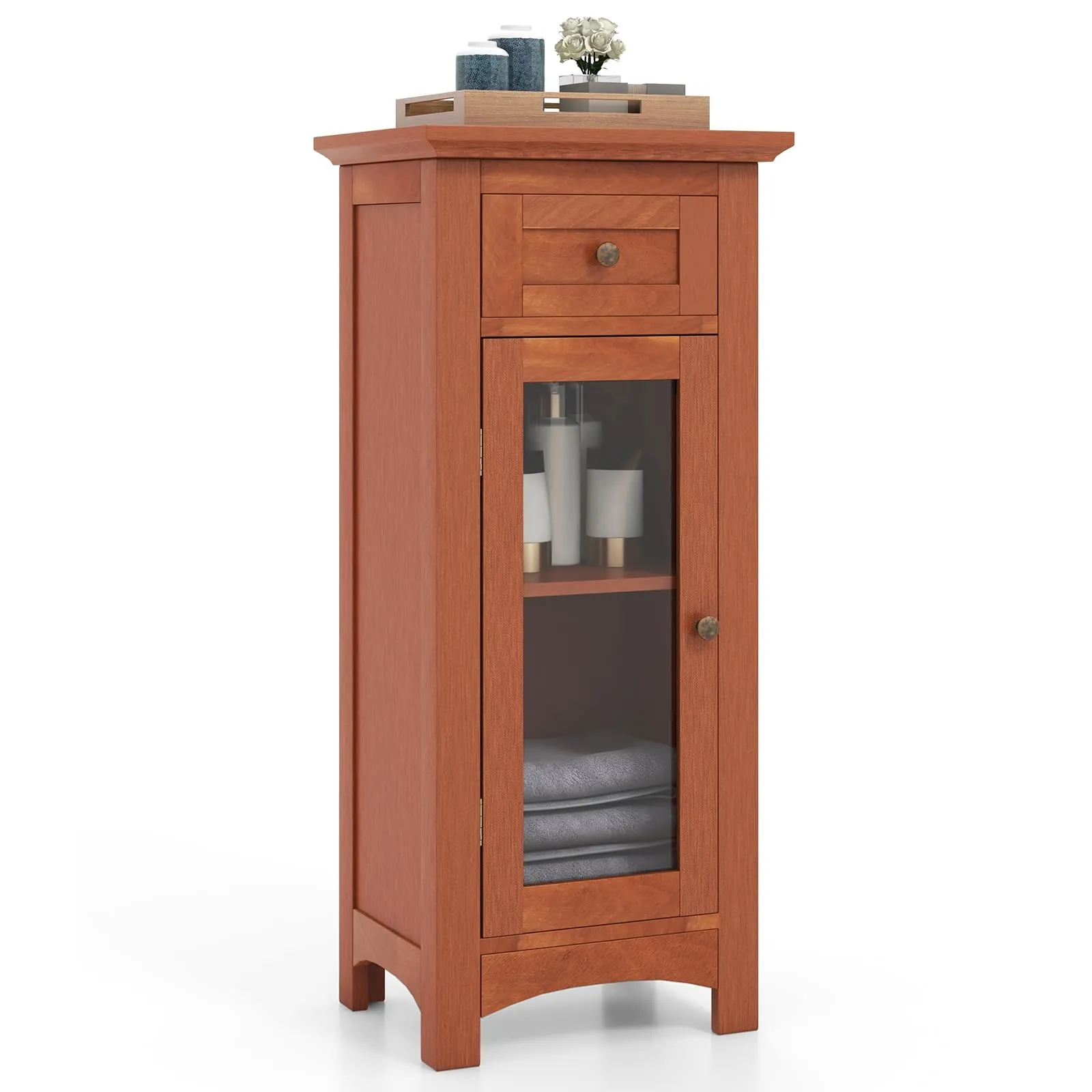 Giantex Small Bathroom Storage Cabinet, Freestanding Narrow Bathroom Cabinet with Single Glass Door, Drawer bathroom organizer, toilet brush holder