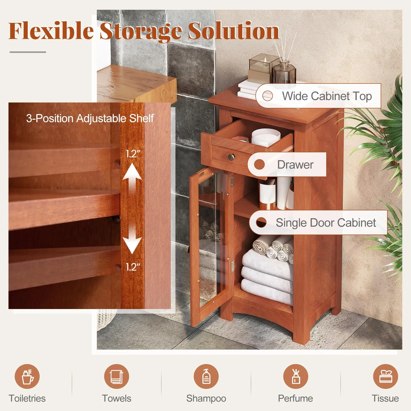 Giantex Small Bathroom Storage Cabinet, Freestanding Narrow Bathroom Cabinet with Single Glass Door, Drawer