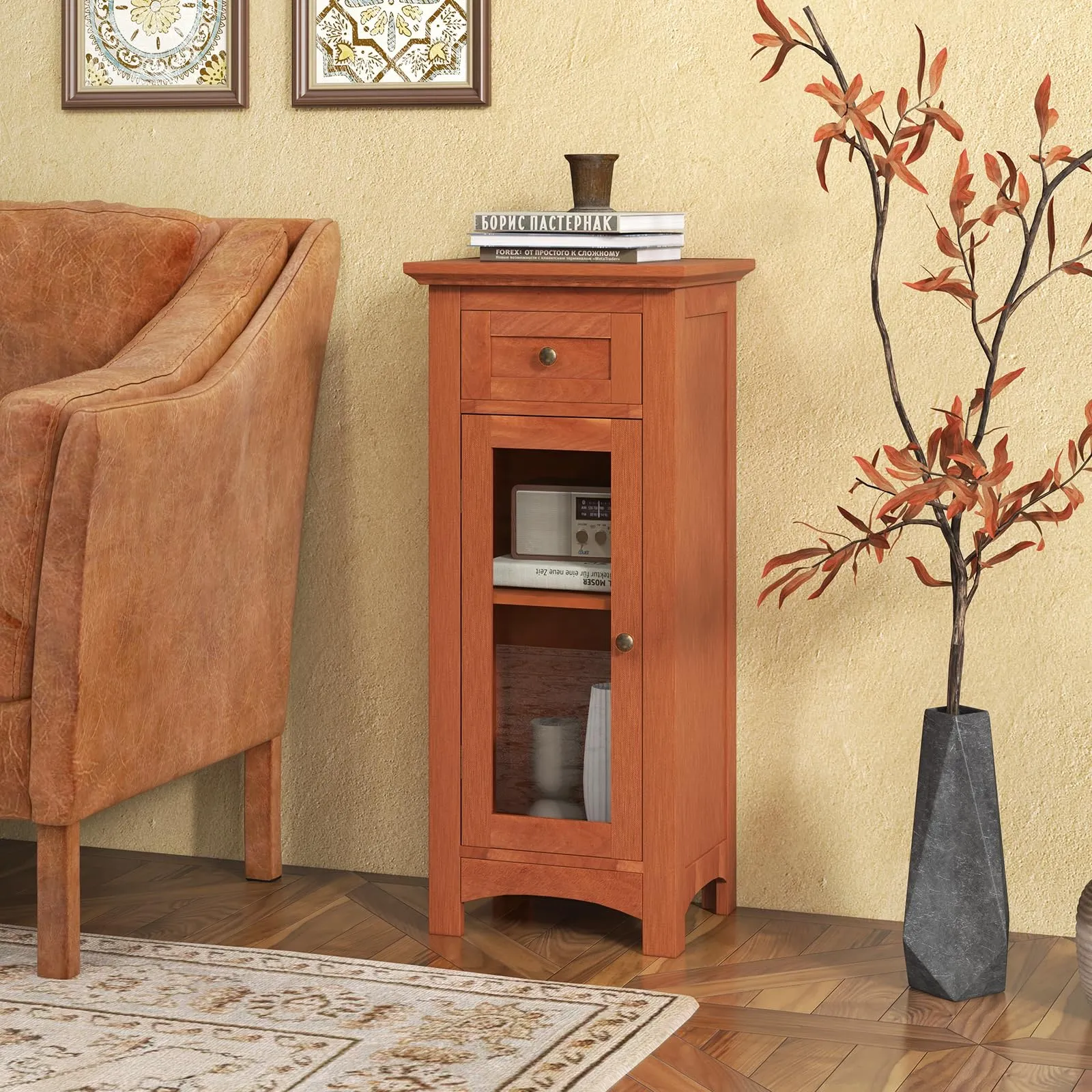 Giantex Small Bathroom Storage Cabinet, Freestanding Narrow Bathroom Cabinet with Single Glass Door, Drawer