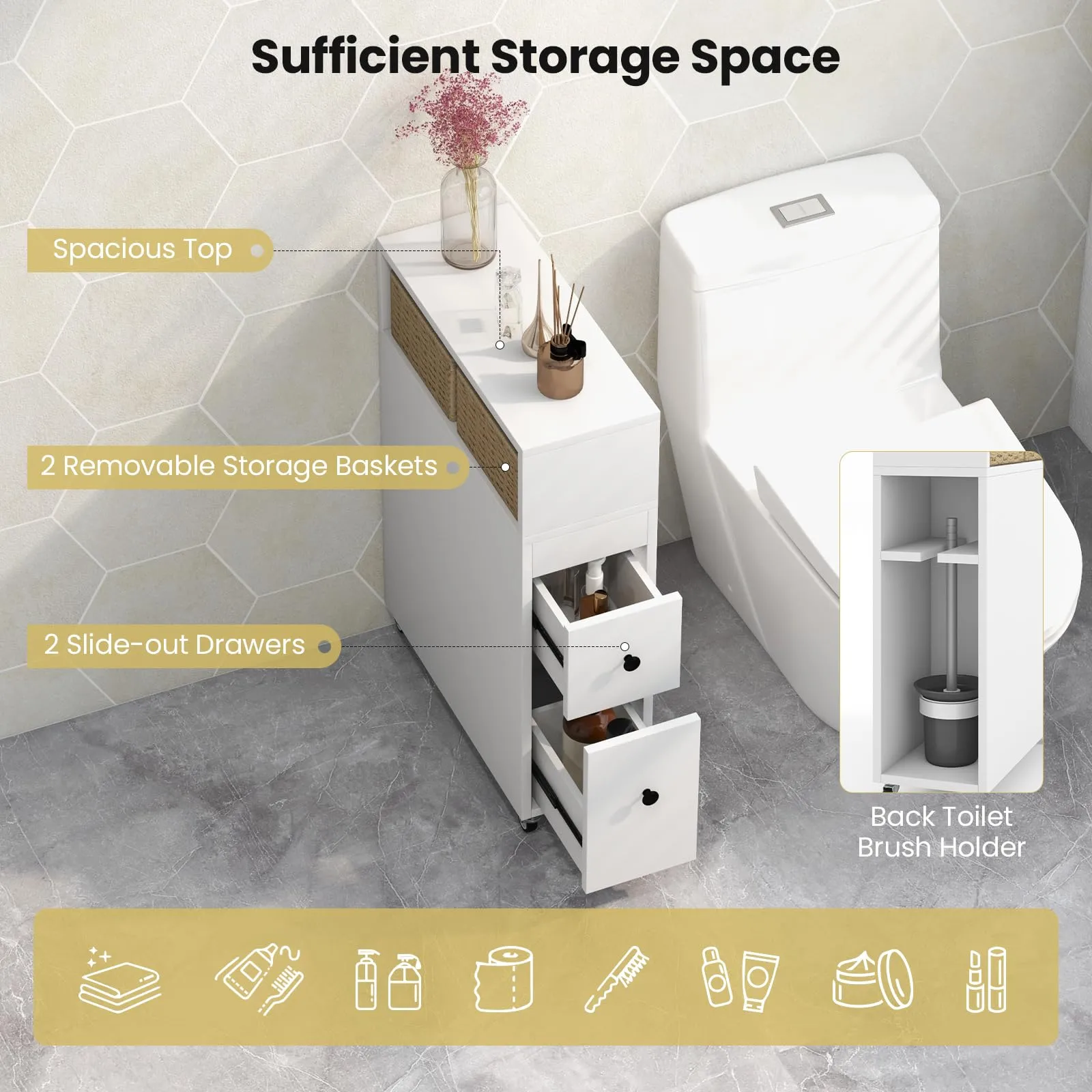 Giantex Small Bathroom Storage Cabinet - Slim Bathroom Organizer with Wheels, 2 Drawers, 2 Baskets