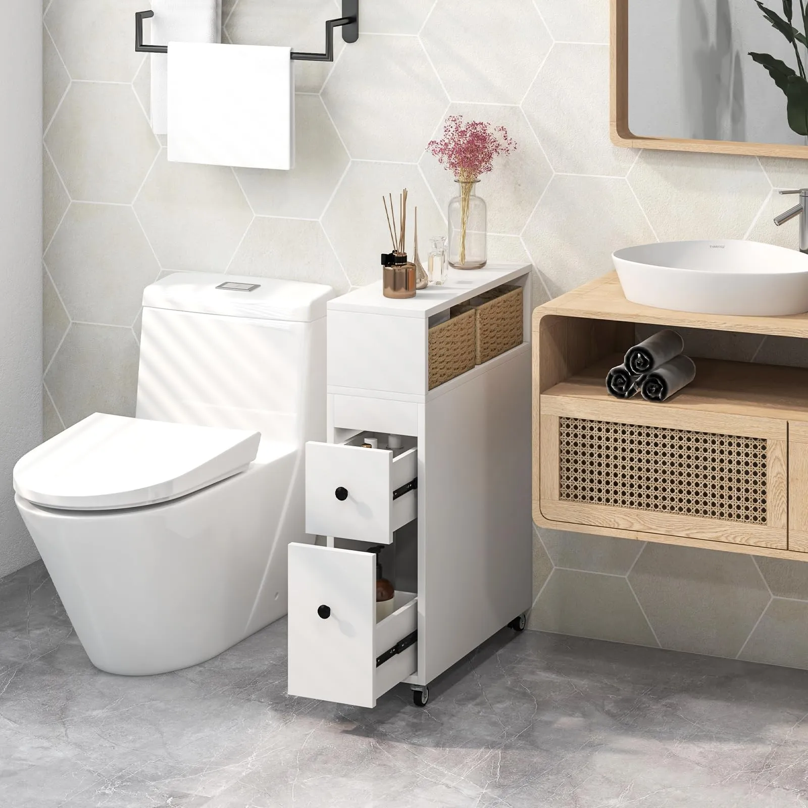 Giantex Small Bathroom Storage Cabinet - Slim Bathroom Organizer with Wheels, 2 Drawers, 2 Baskets