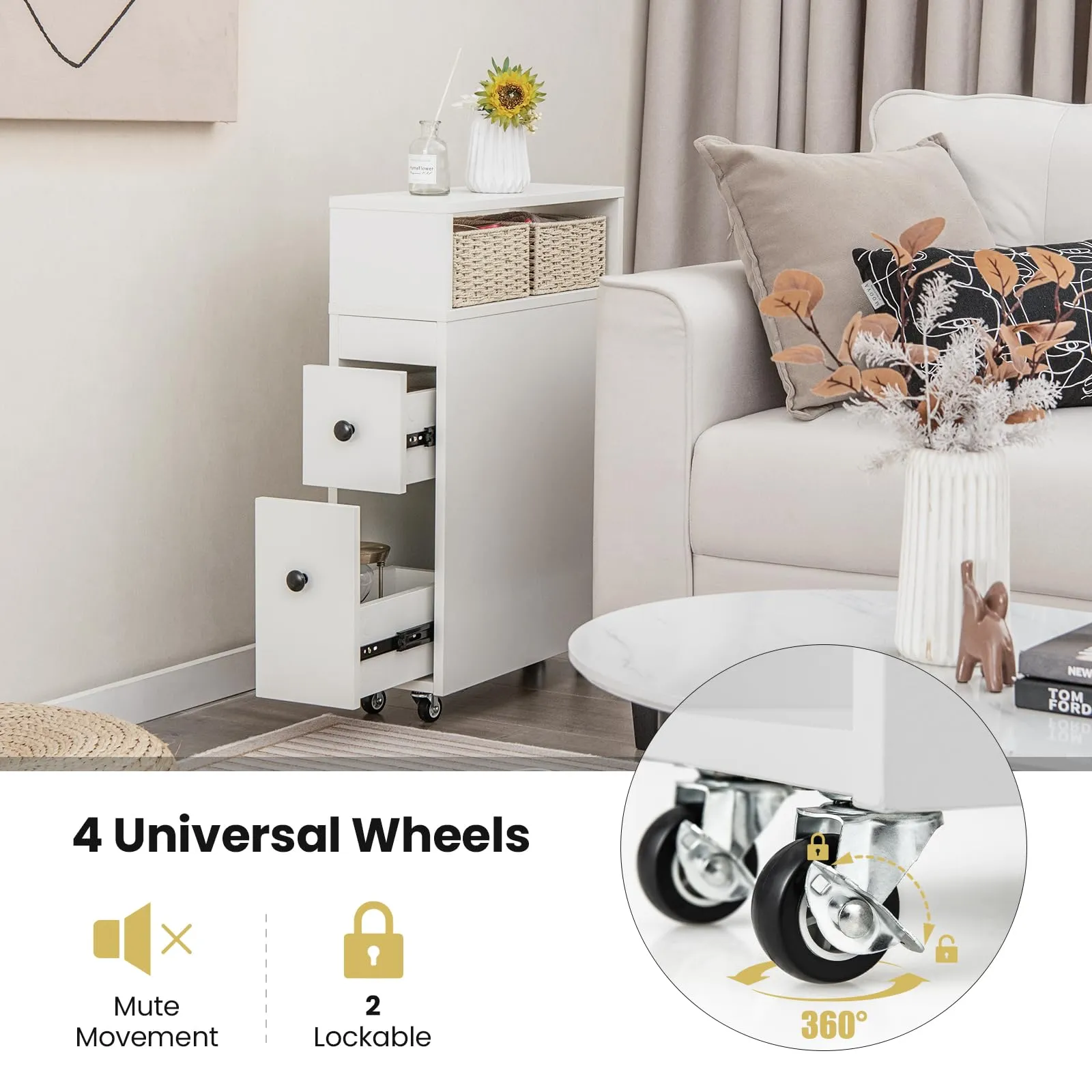 Giantex Small Bathroom Storage Cabinet - Slim Bathroom Organizer with Wheels, 2 Drawers, 2 Baskets