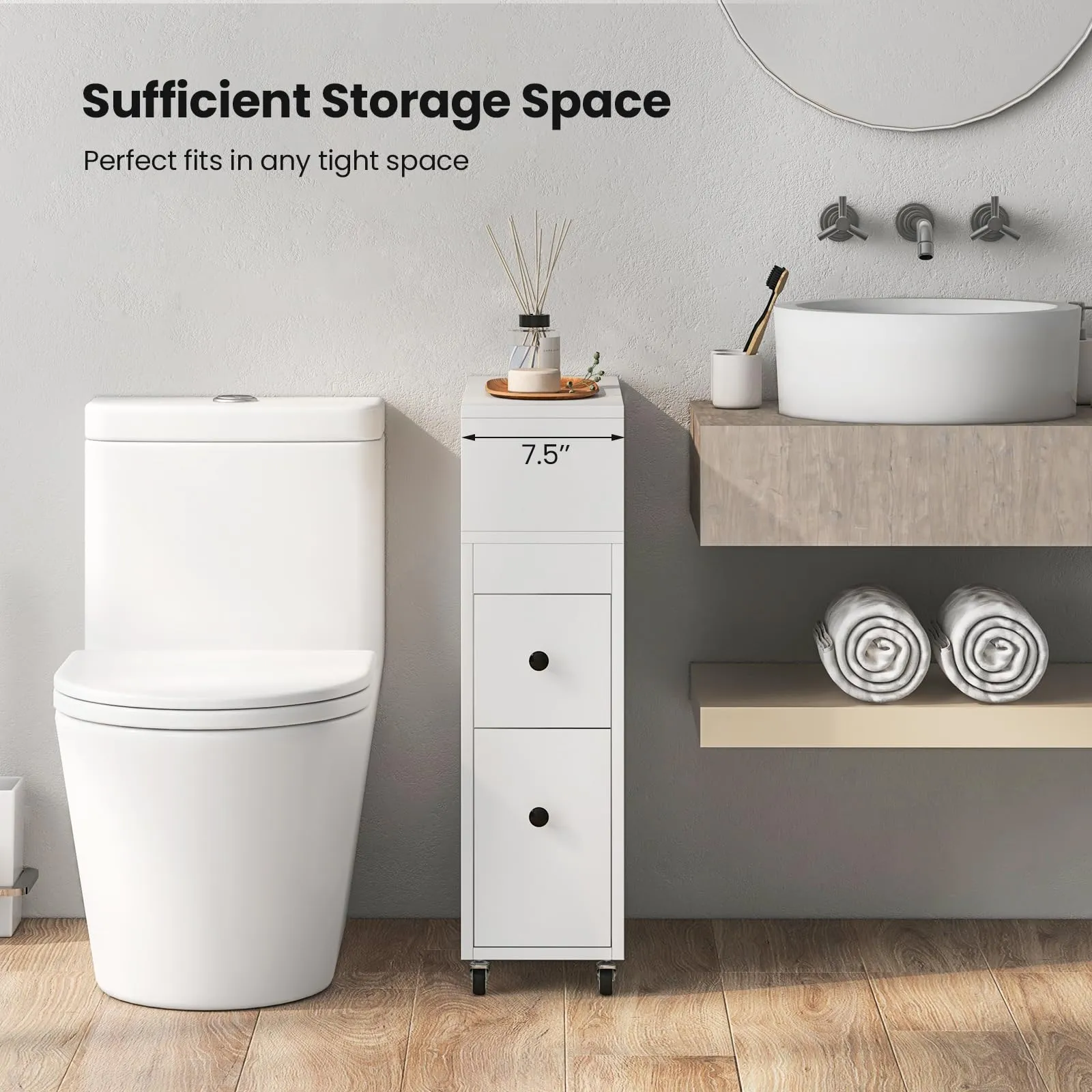 Giantex Small Bathroom Storage Cabinet - Slim Bathroom Organizer with Wheels, 2 Drawers, 2 Baskets