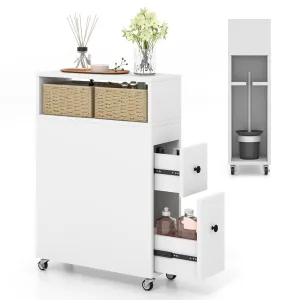 Giantex Small Bathroom Storage Cabinet - Slim Bathroom Organizer with Wheels, 2 Drawers, 2 Baskets bathroom organizer, toilet brush holder