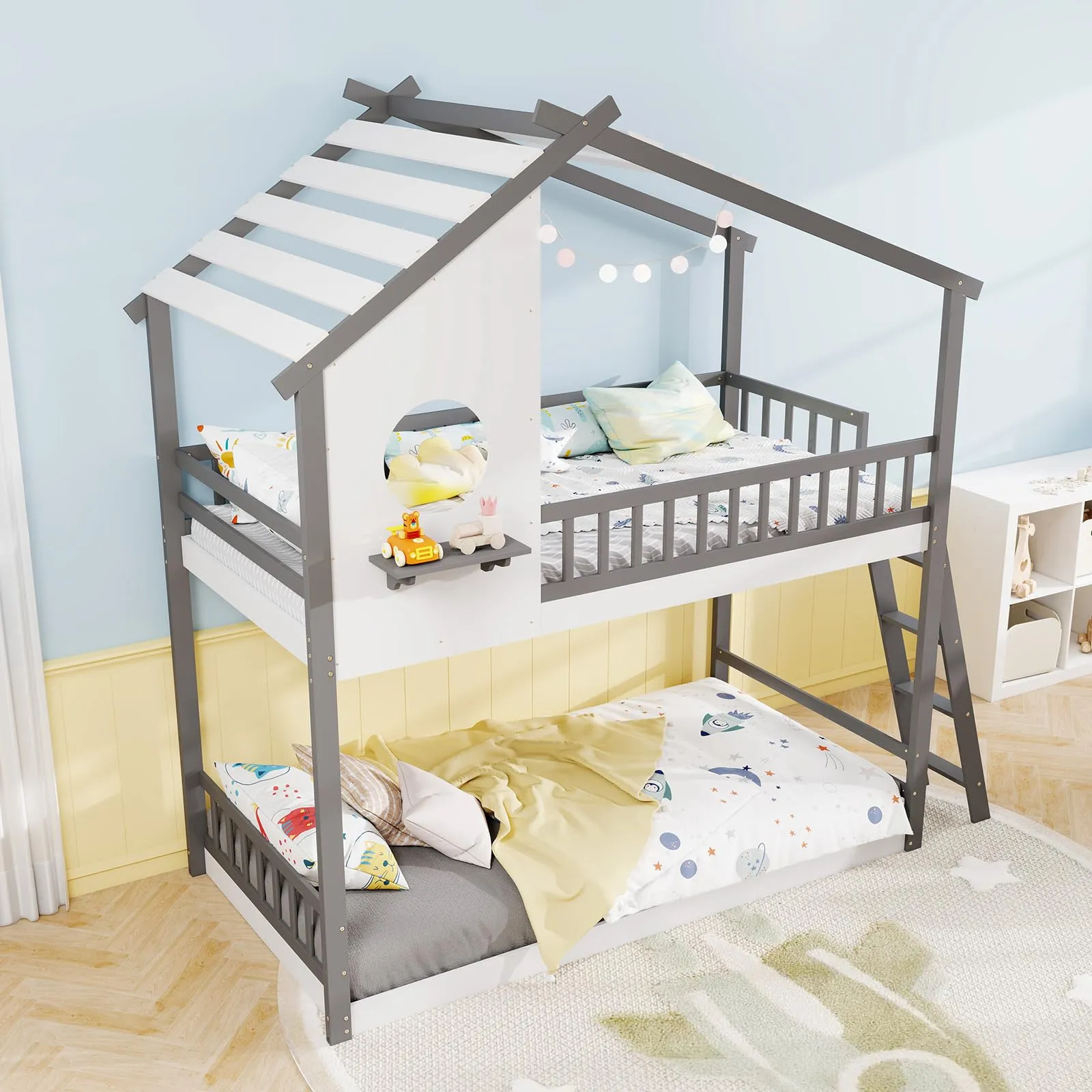 Giantex Solid Wood Floor Bunk Bed with Ladder and Full-Length Guardrails