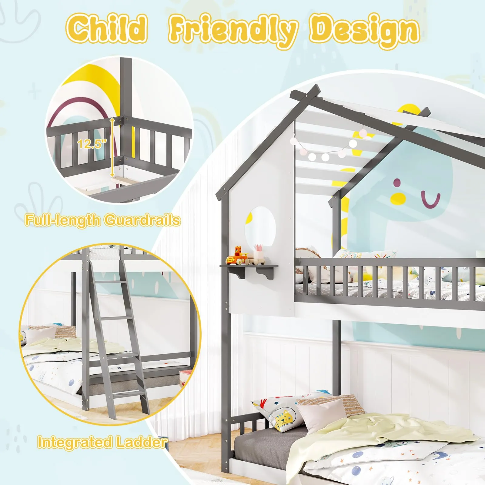 Giantex Solid Wood Floor Bunk Bed with Ladder and Full-Length Guardrails