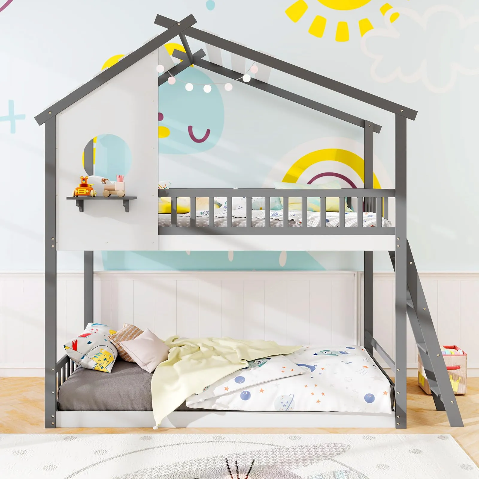Giantex Solid Wood Floor Bunk Bed with Ladder and Full-Length Guardrails