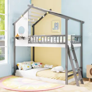 Giantex Solid Wood Floor Bunk Bed with Ladder and Full-Length Guardrails bed frame, queen bed