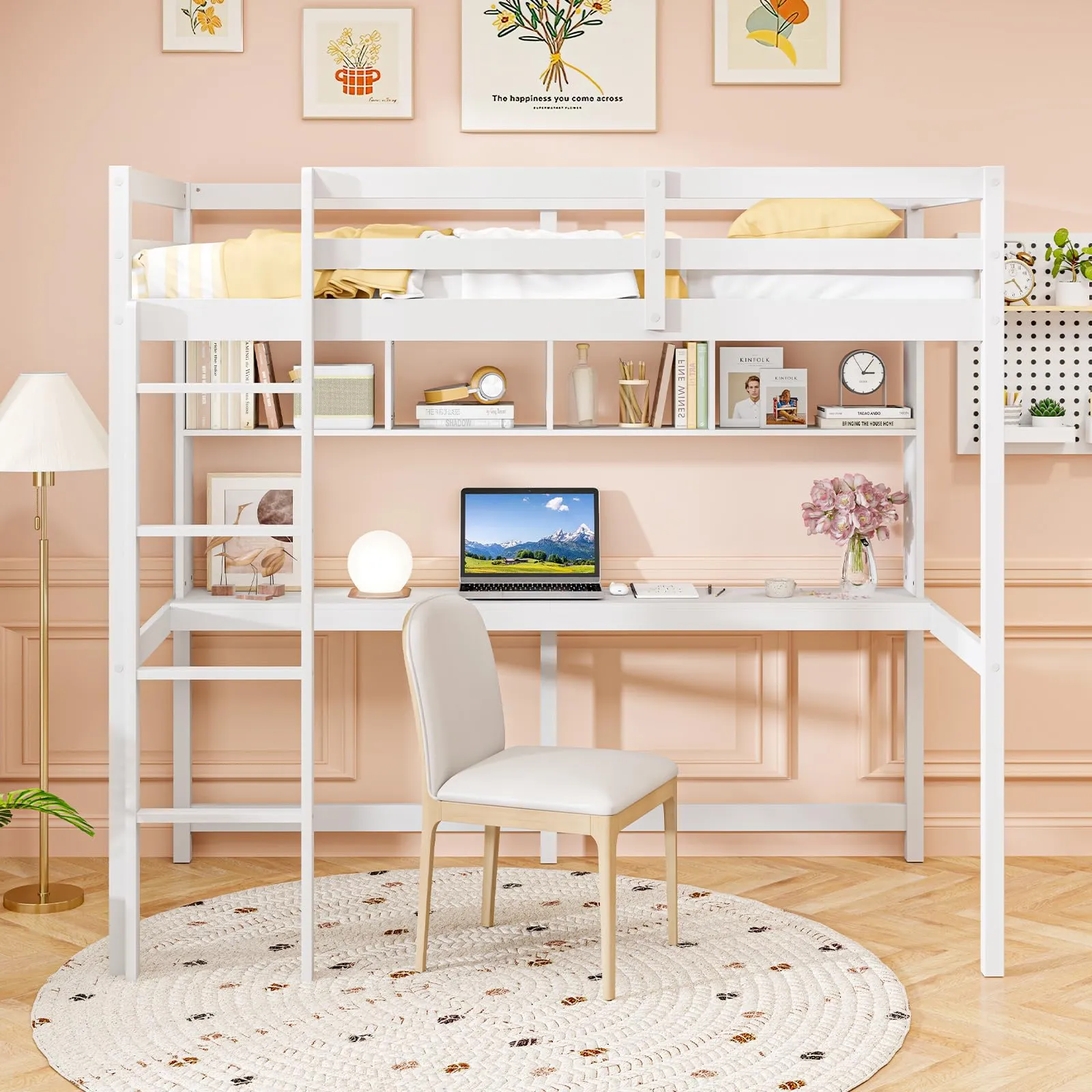 Giantex Solid Wood Twin Loft Bed with Desk and Bookcase