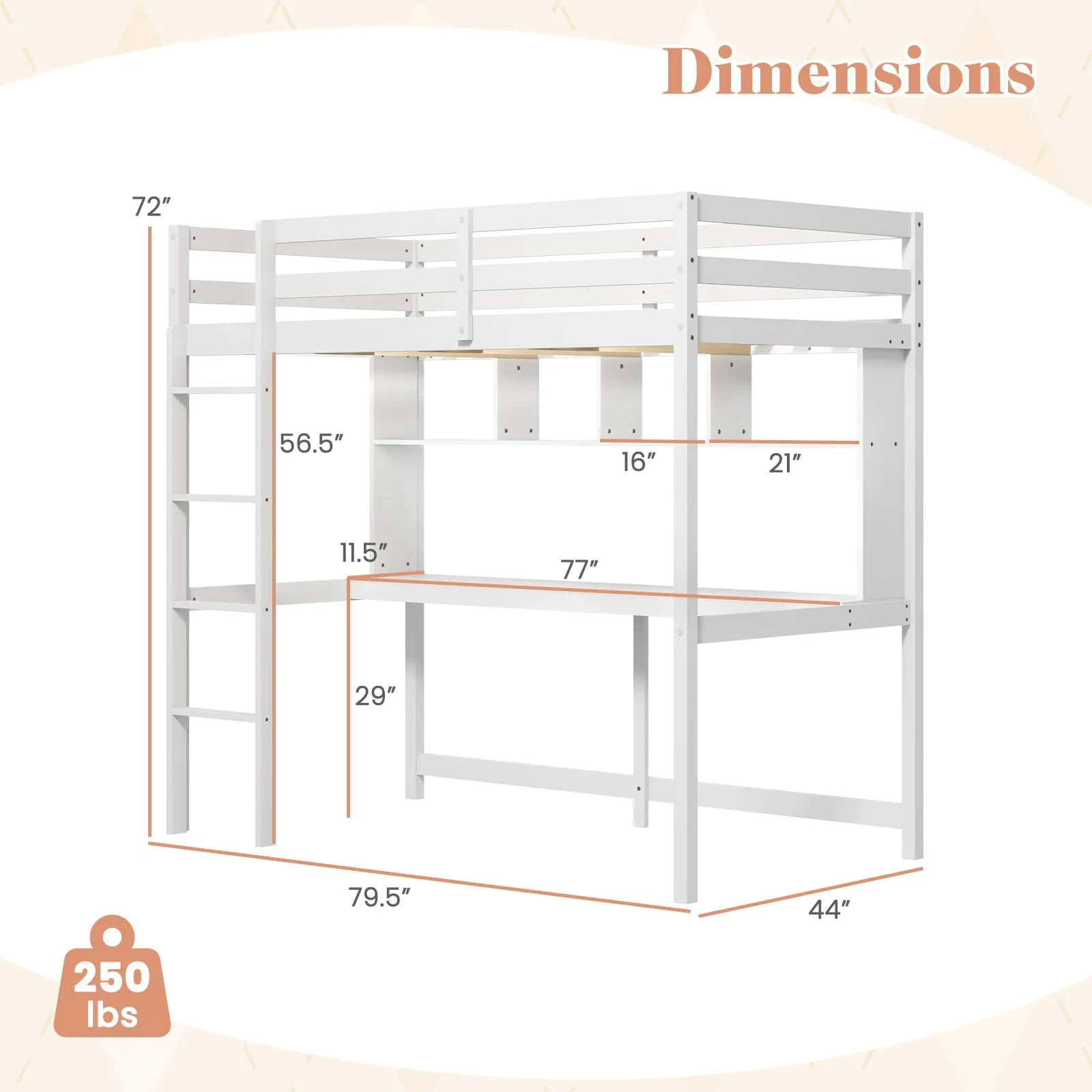 Giantex Solid Wood Twin Loft Bed with Desk and Bookcase