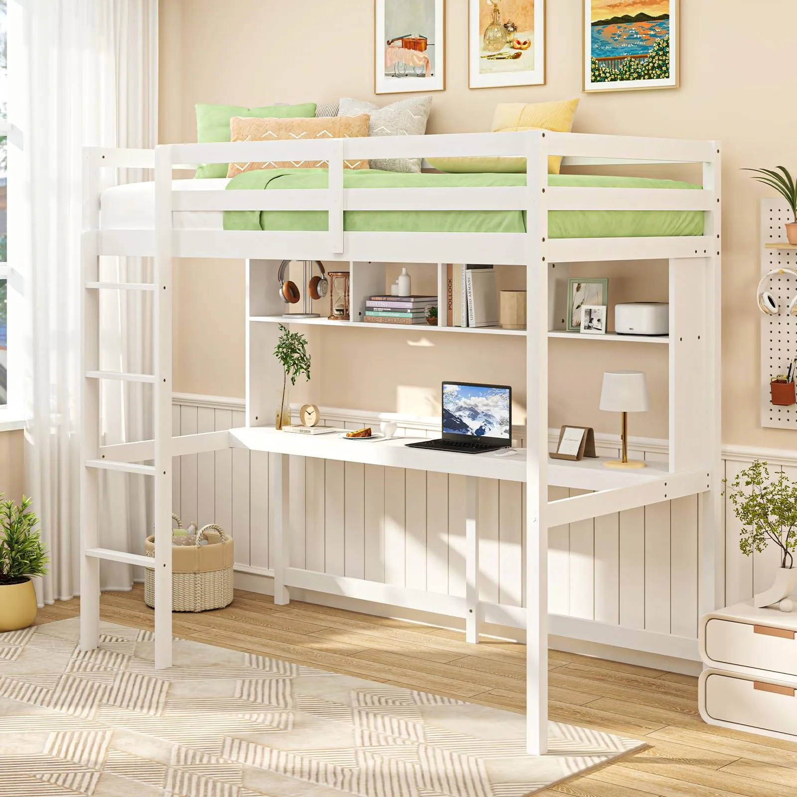Giantex Solid Wood Twin Loft Bed with Desk and Bookcase bed frame, queen bed