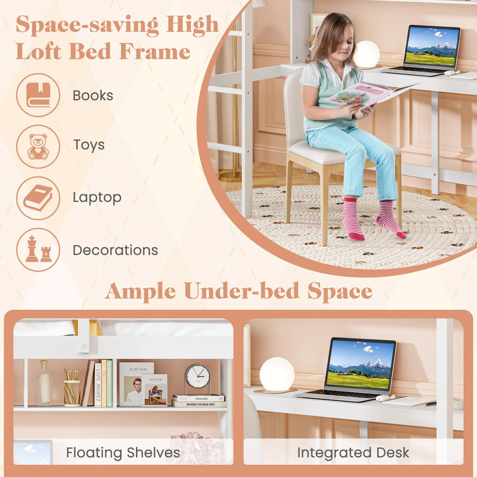 Giantex Solid Wood Twin Loft Bed with Desk and Bookcase