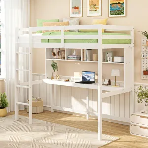 Giantex Solid Wood Twin Loft Bed with Desk and Bookcase bed frame, queen bed