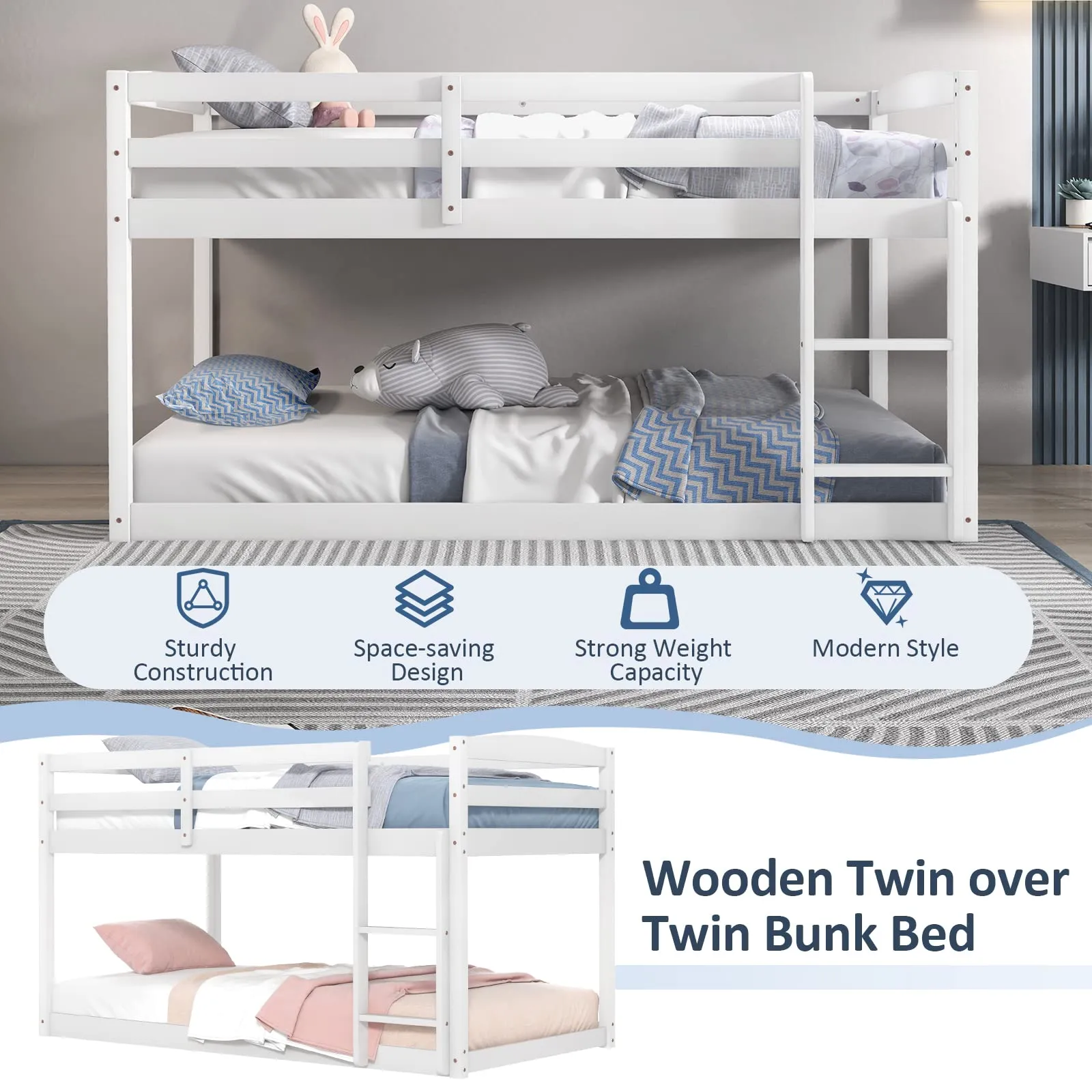 Giantex Solid Wood Twin Over Twin Bunk Bed Frame