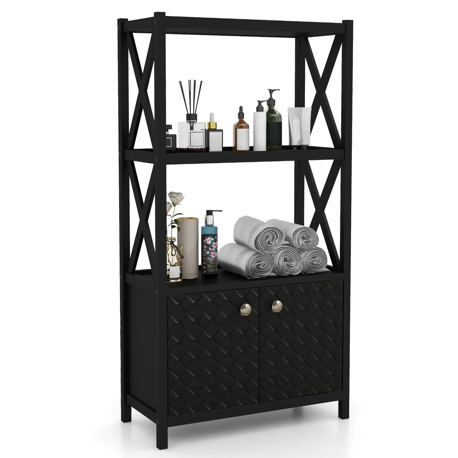 Giantex Storage Cabinet, Freestanding Storage Organizer with Open Shelves, Double Doors bathroom organizer, toilet brush holder