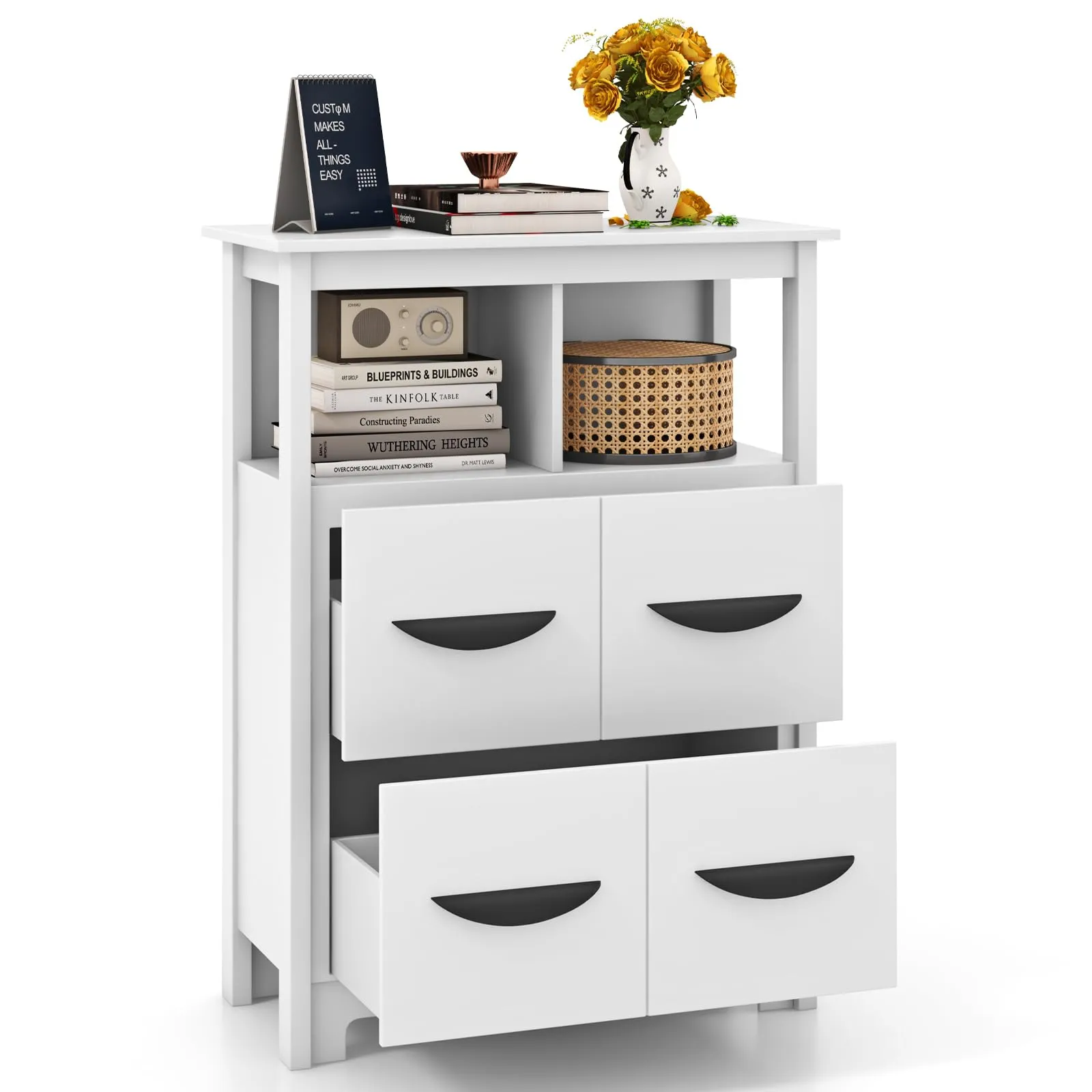 Giantex Storage Cabinet with Large Drawers, Open Storage Compartments, Anti-Tipping Kit, White bathroom organizer, toilet brush holder