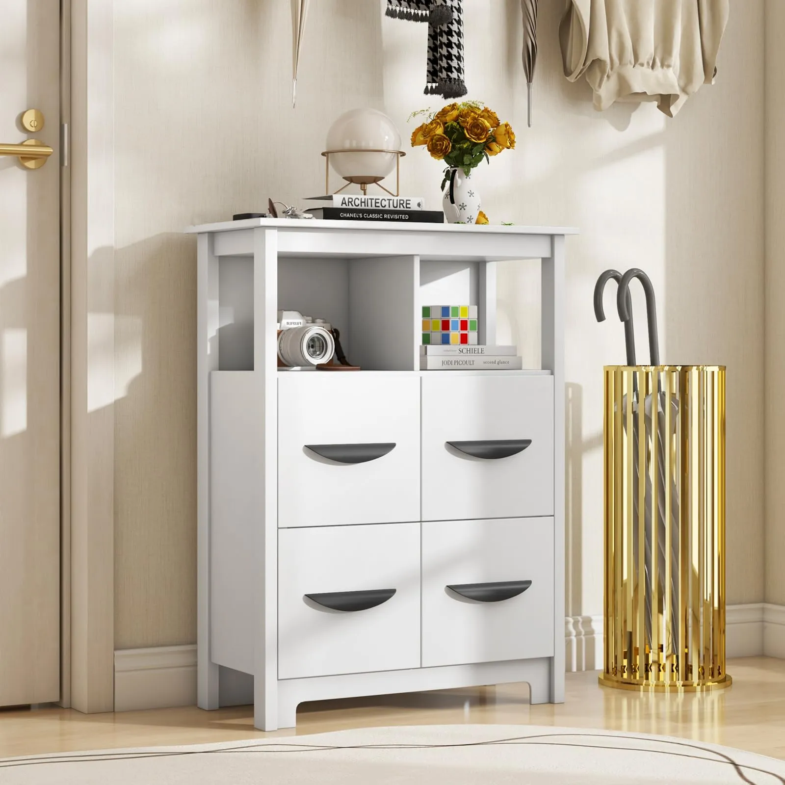 Giantex Storage Cabinet with Large Drawers, Open Storage Compartments, Anti-Tipping Kit, White