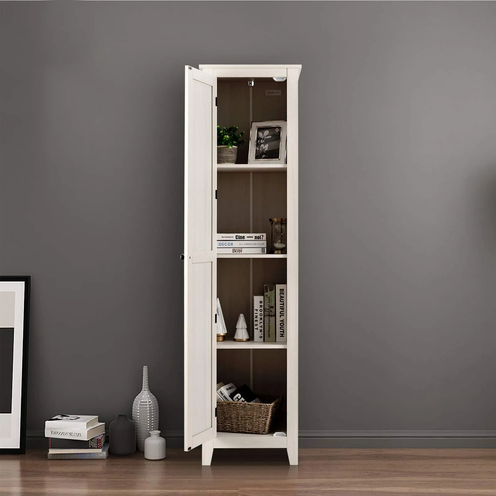 Giantex Tall Storage Cabinet Freestanding Floor Storage Tower with Four Shelves and Single Door
