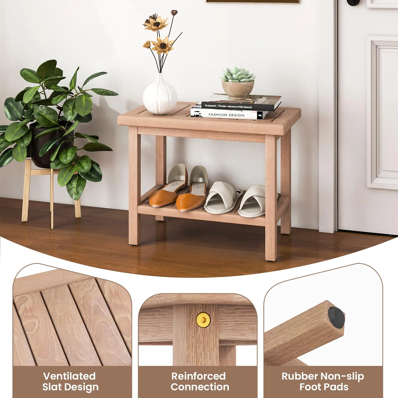 Giantex Teak Shower Bench, 21" Waterproof Spa Bath Seat with Storage Shelf and Non-Slip Foot Pads