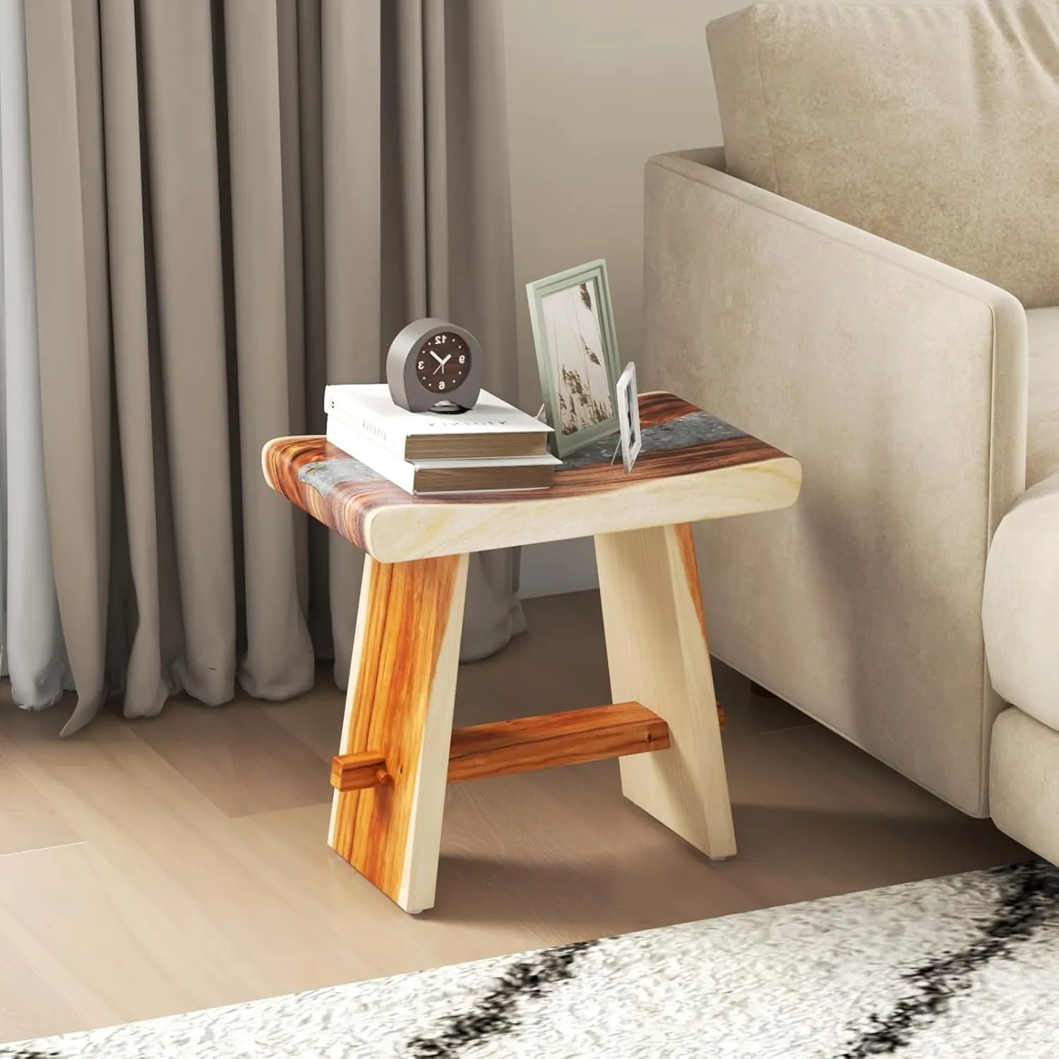 Giantex Teak Shower Bench, Fully Assembled Teak Shower Stool with Epoxy Resin Decoration and Curved Seat
