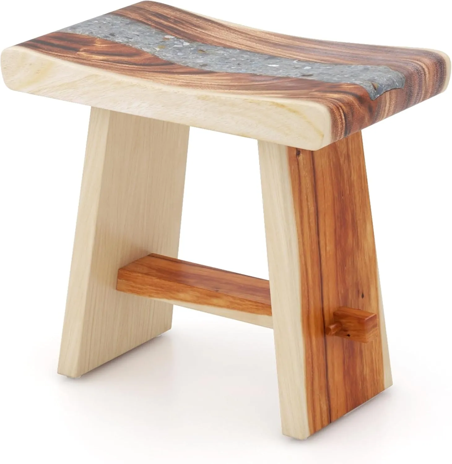 Giantex Teak Shower Bench, Fully Assembled Teak Shower Stool with Epoxy Resin Decoration and Curved Seat bathroom organizer, toilet brush holder