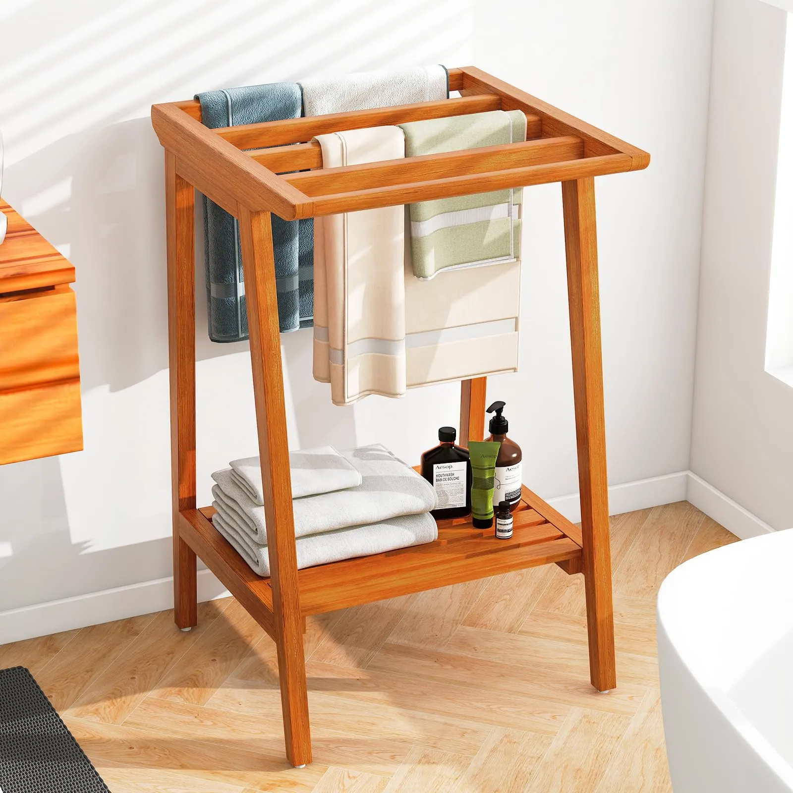Giantex Teak Towel Rack for Bathroom, 5 Bars Freestanding Towel Racks with Storage Shelf, 19.5" L x 19.5" W x 31.5" H