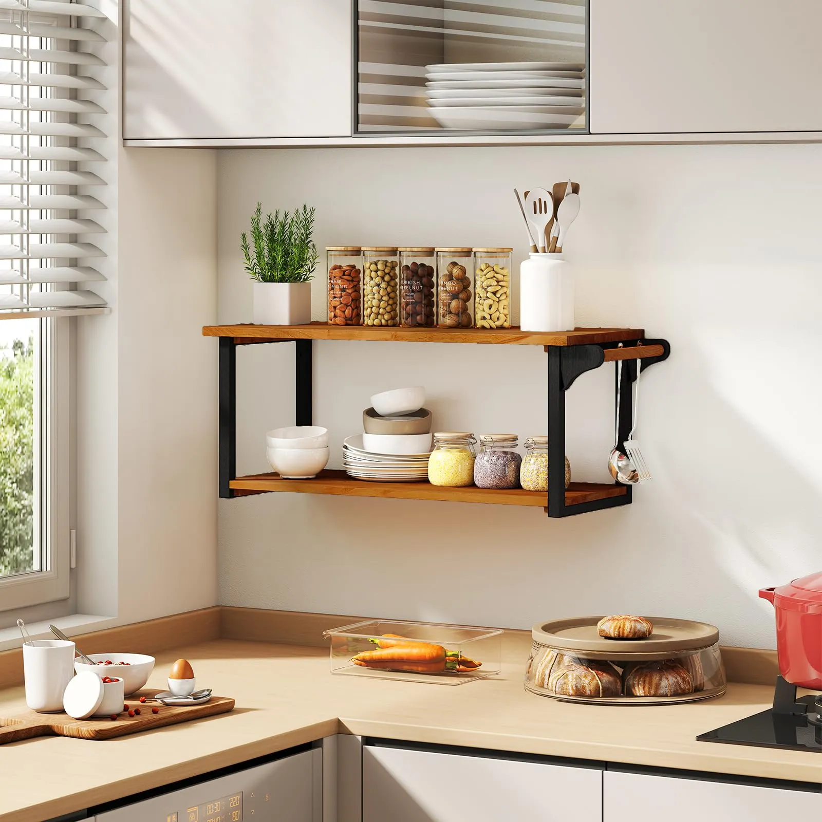 Giantex Teak Wood Bathroom Floating Wall Shelves