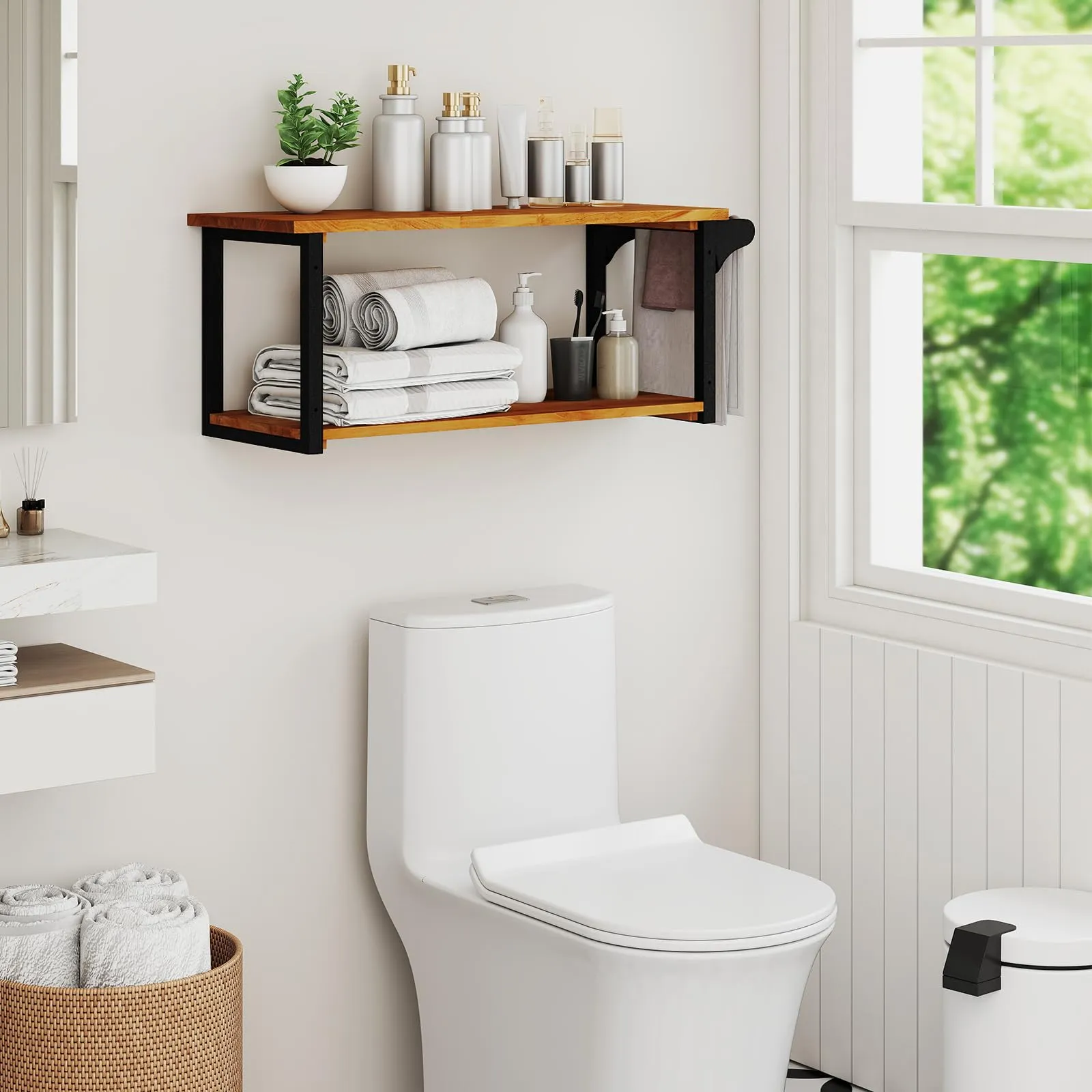Giantex Teak Wood Bathroom Floating Wall Shelves