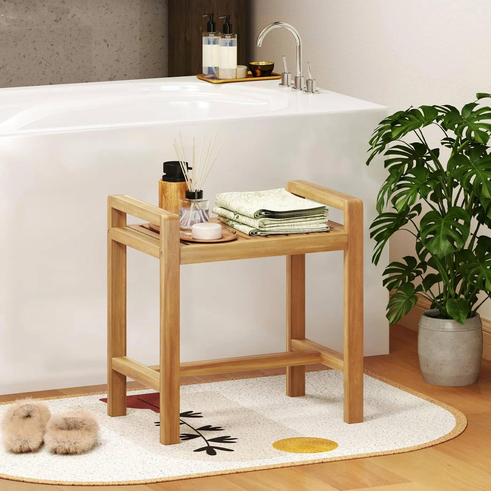 Giantex Teak Wood Shower Bench - 20" Waterproof Shower Stool with Handles and Slatted Seat for Inside Shower