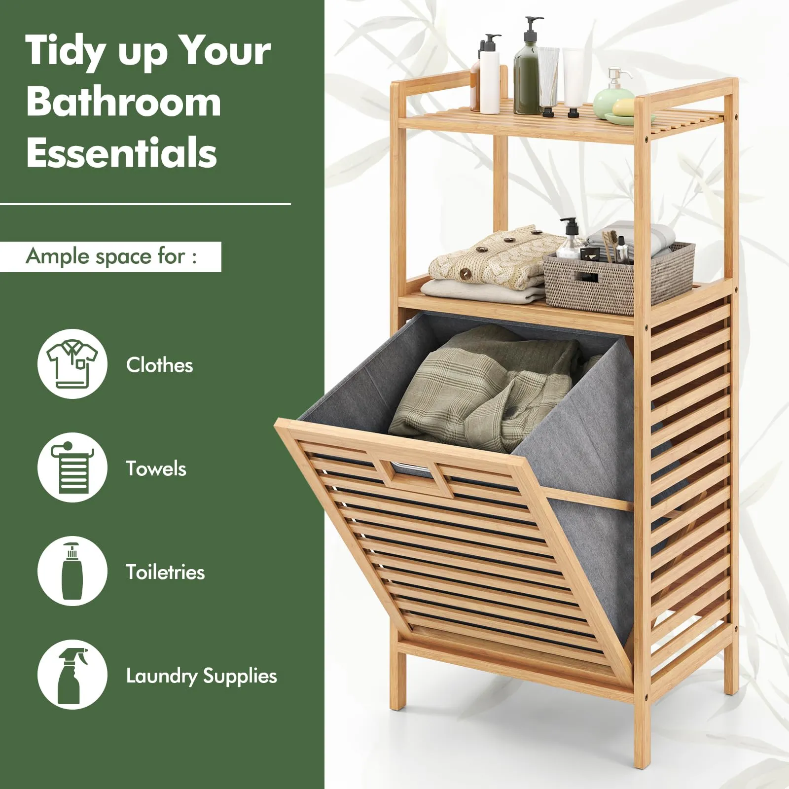 Giantex Tilt Out Laundry Hamper Bamboo Laundry Storage Cabinet with 2-Tier Storage Shelves