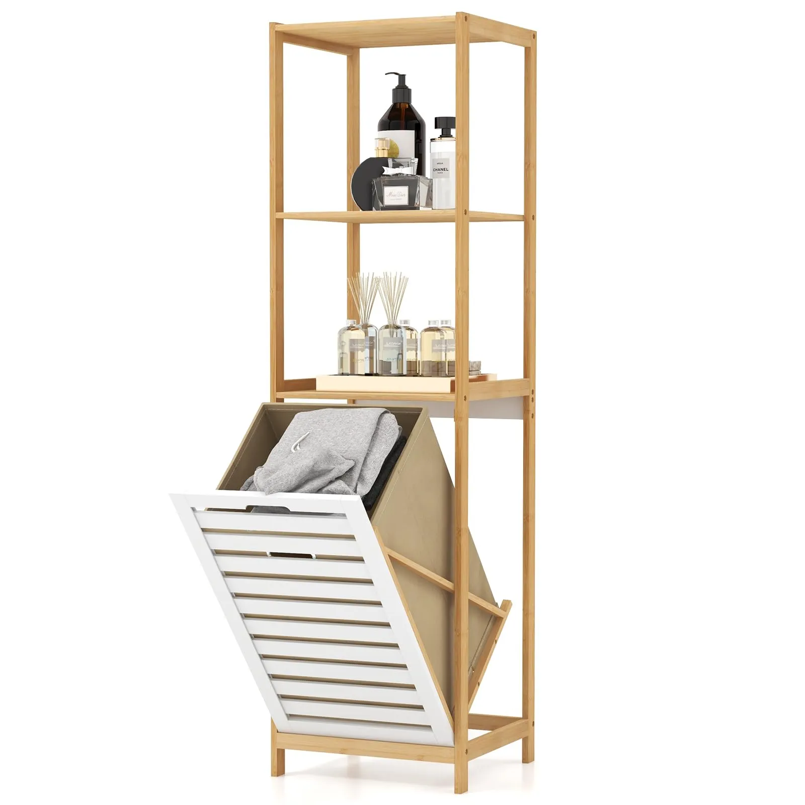 Giantex Tilt Out Laundry Hamper - Laundry Hamper Cabinet with 3 Tier Storage Shelves, Removable Laundry Basket bathroom organizer, toilet brush holder