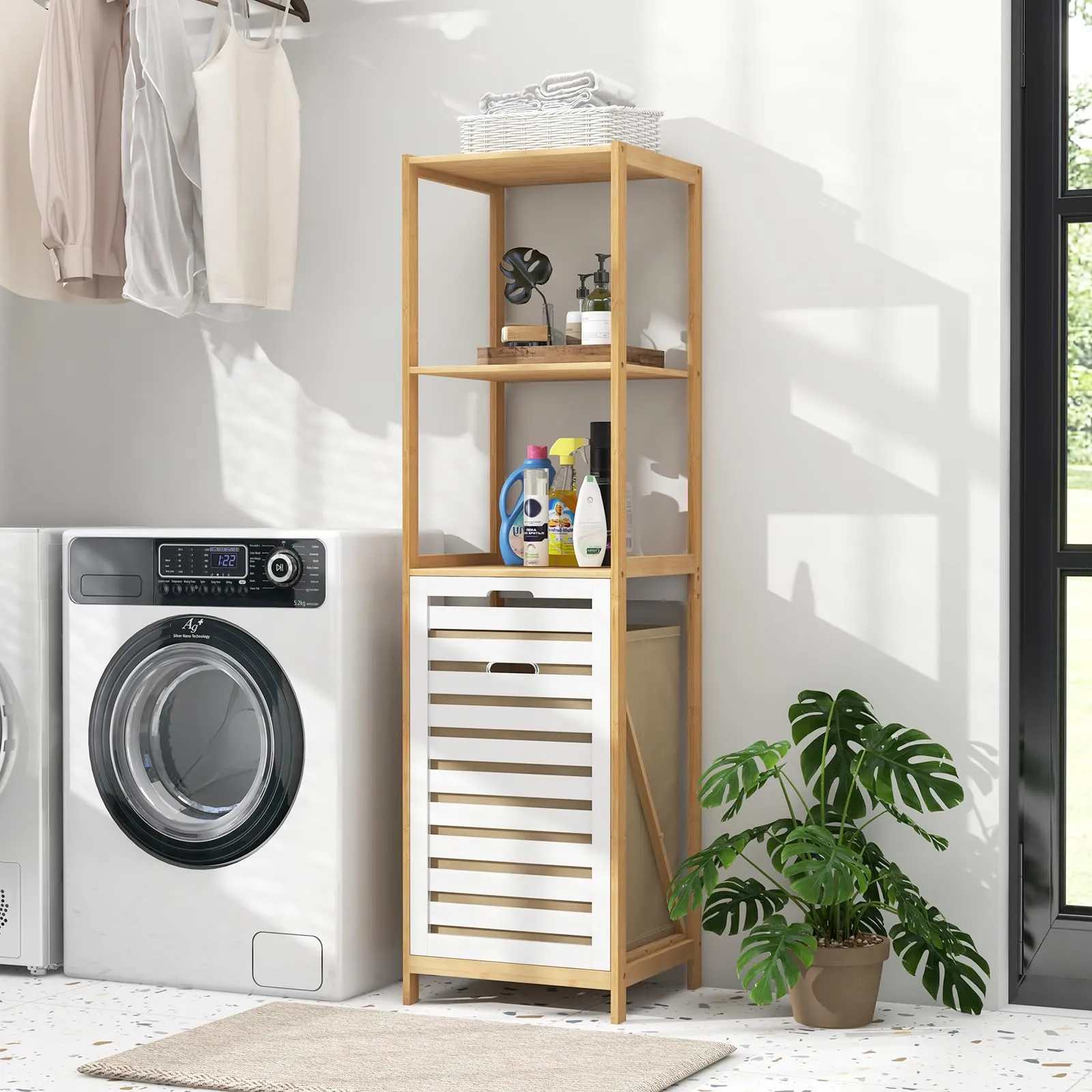 Giantex Tilt Out Laundry Hamper - Laundry Hamper Cabinet with 3 Tier Storage Shelves, Removable Laundry Basket