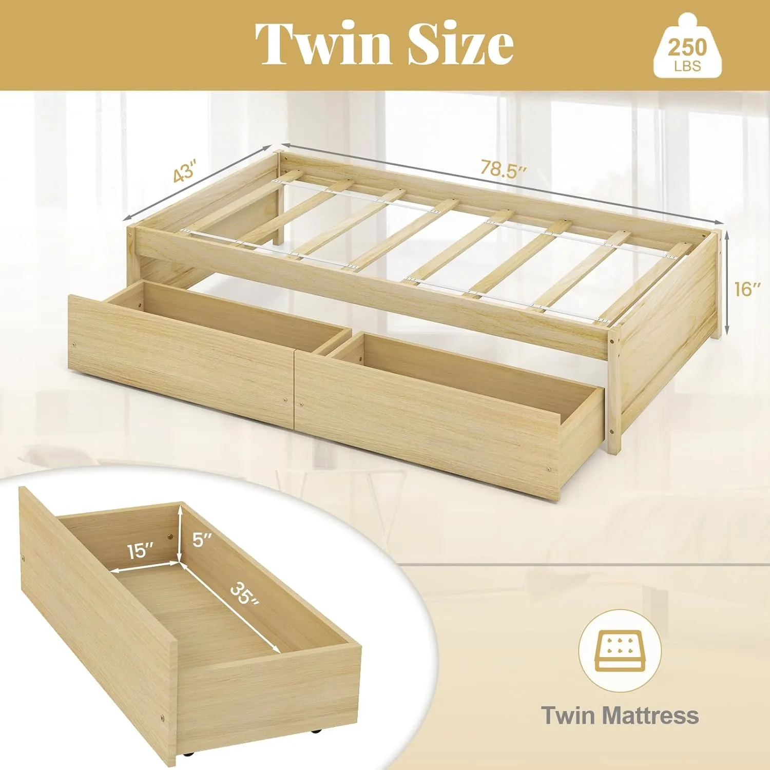 Giantex Twin Bed Frame with 2 Storage Drawers, Solid Wood Platform Bed with Slats Support