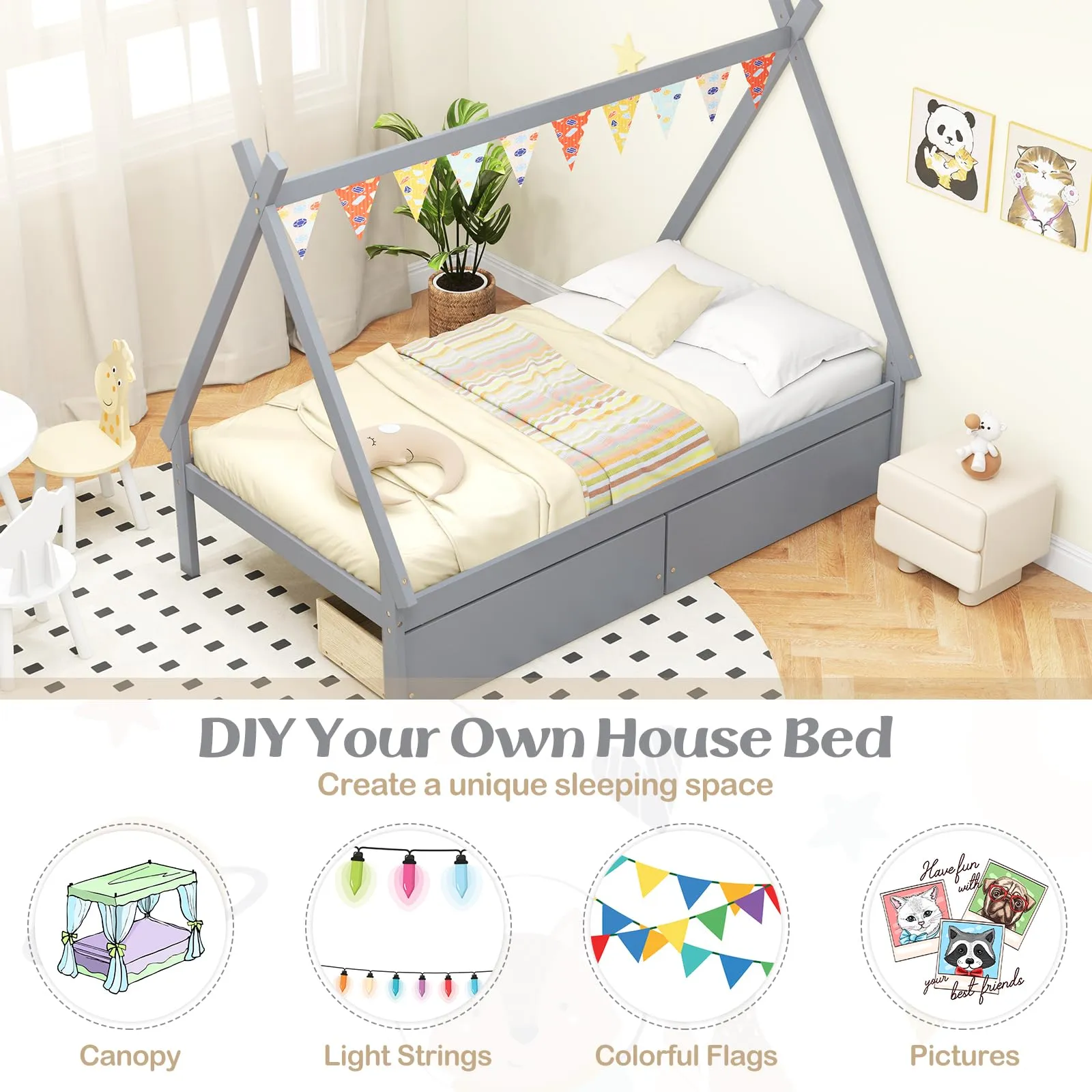 Giantex Twin Bed Frame with 2 Storage Drawers, Wood House Tent Platform Bed Frame with Triangle Structure