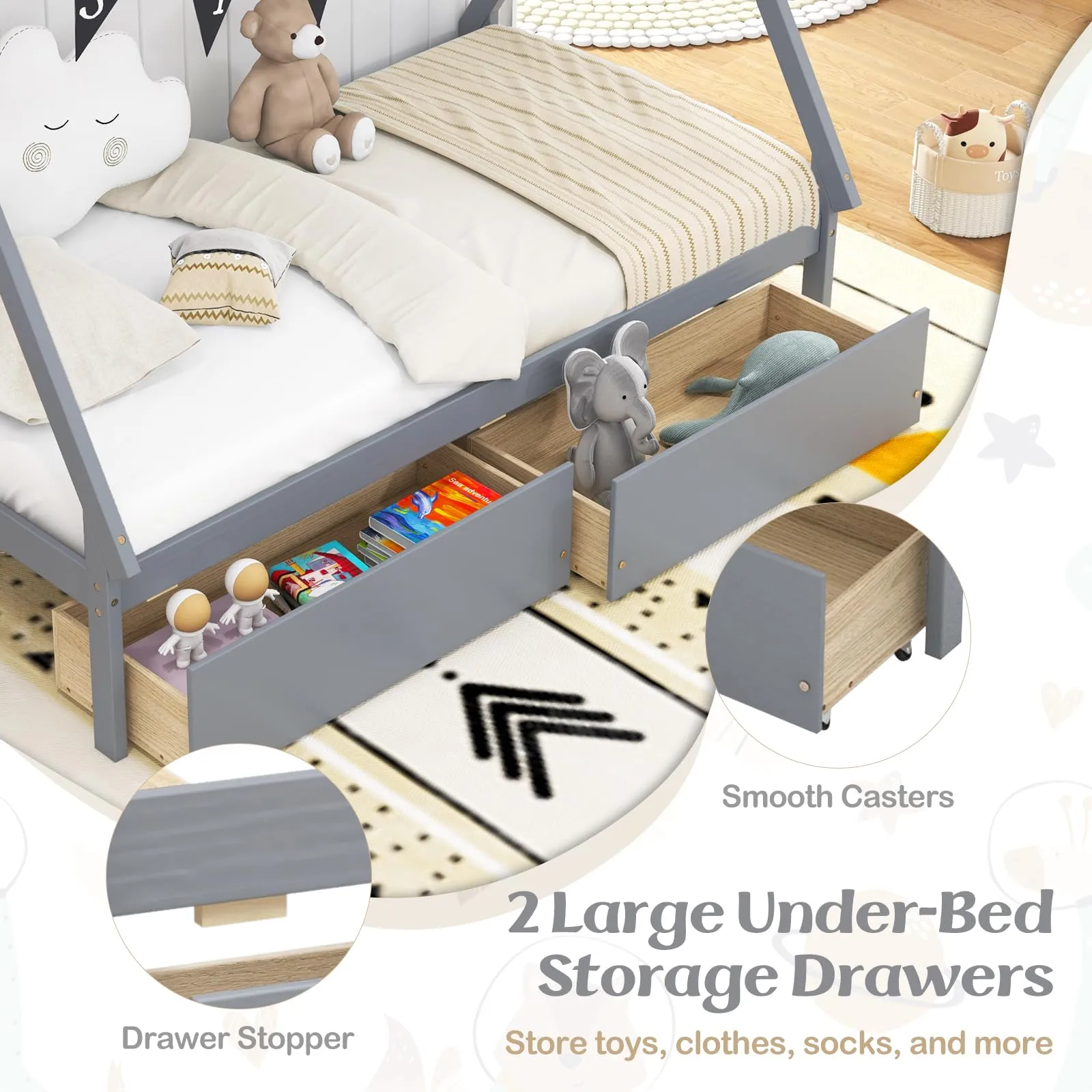 Giantex Twin Bed Frame with 2 Storage Drawers, Wood House Tent Platform Bed Frame with Triangle Structure