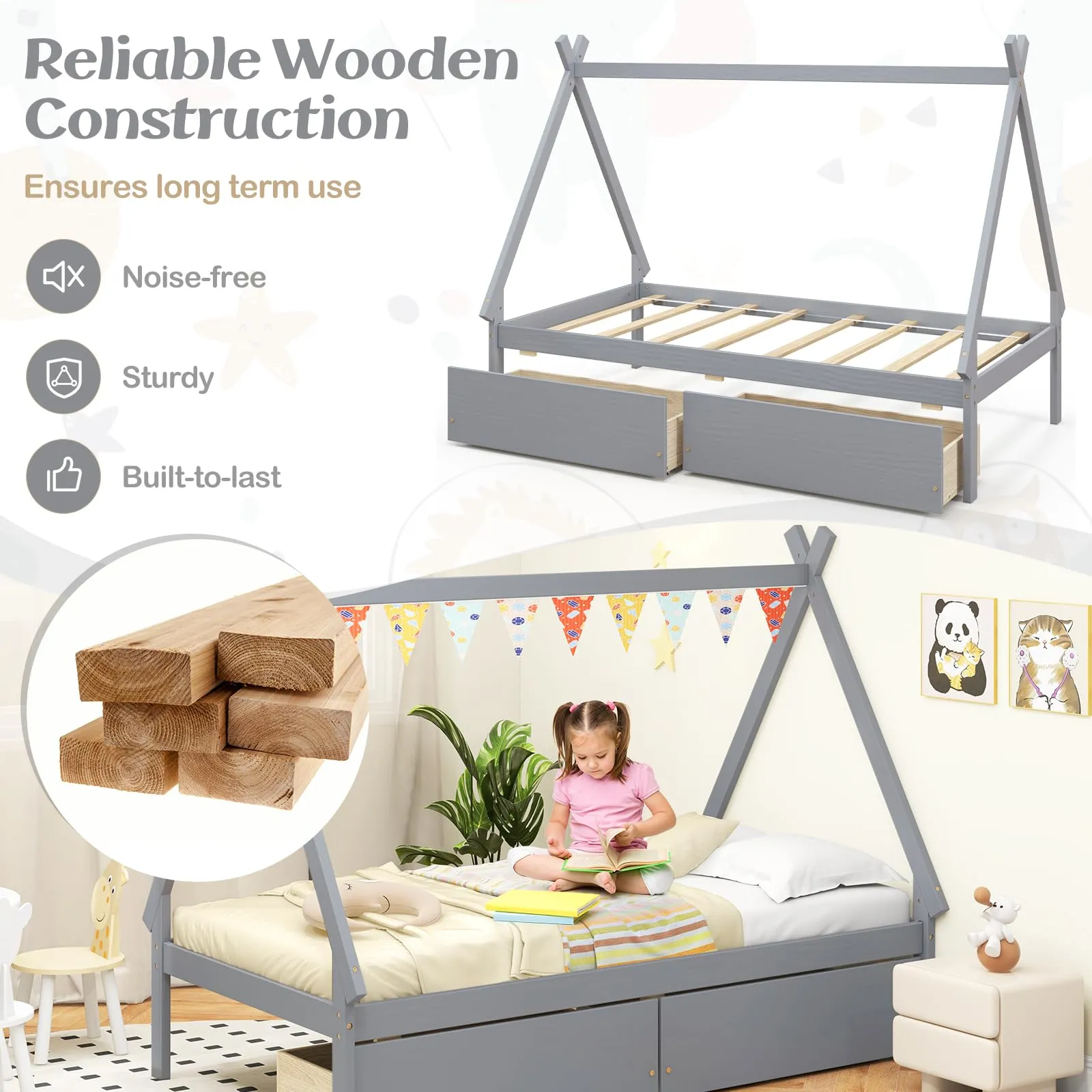 Giantex Twin Bed Frame with 2 Storage Drawers, Wood House Tent Platform Bed Frame with Triangle Structure