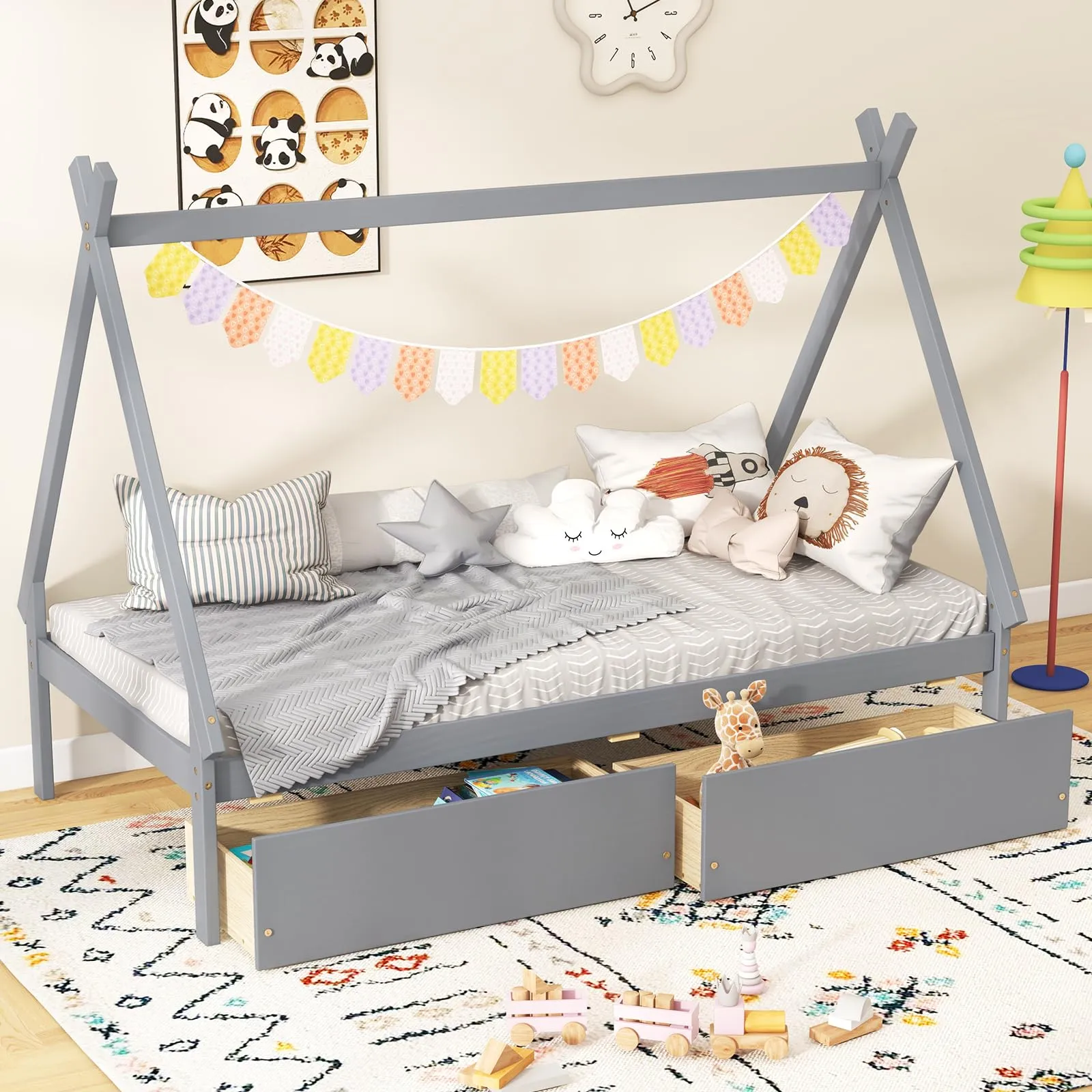 Giantex Twin Bed Frame with 2 Storage Drawers, Wood House Tent Platform Bed Frame with Triangle Structure bed frame, queen bed