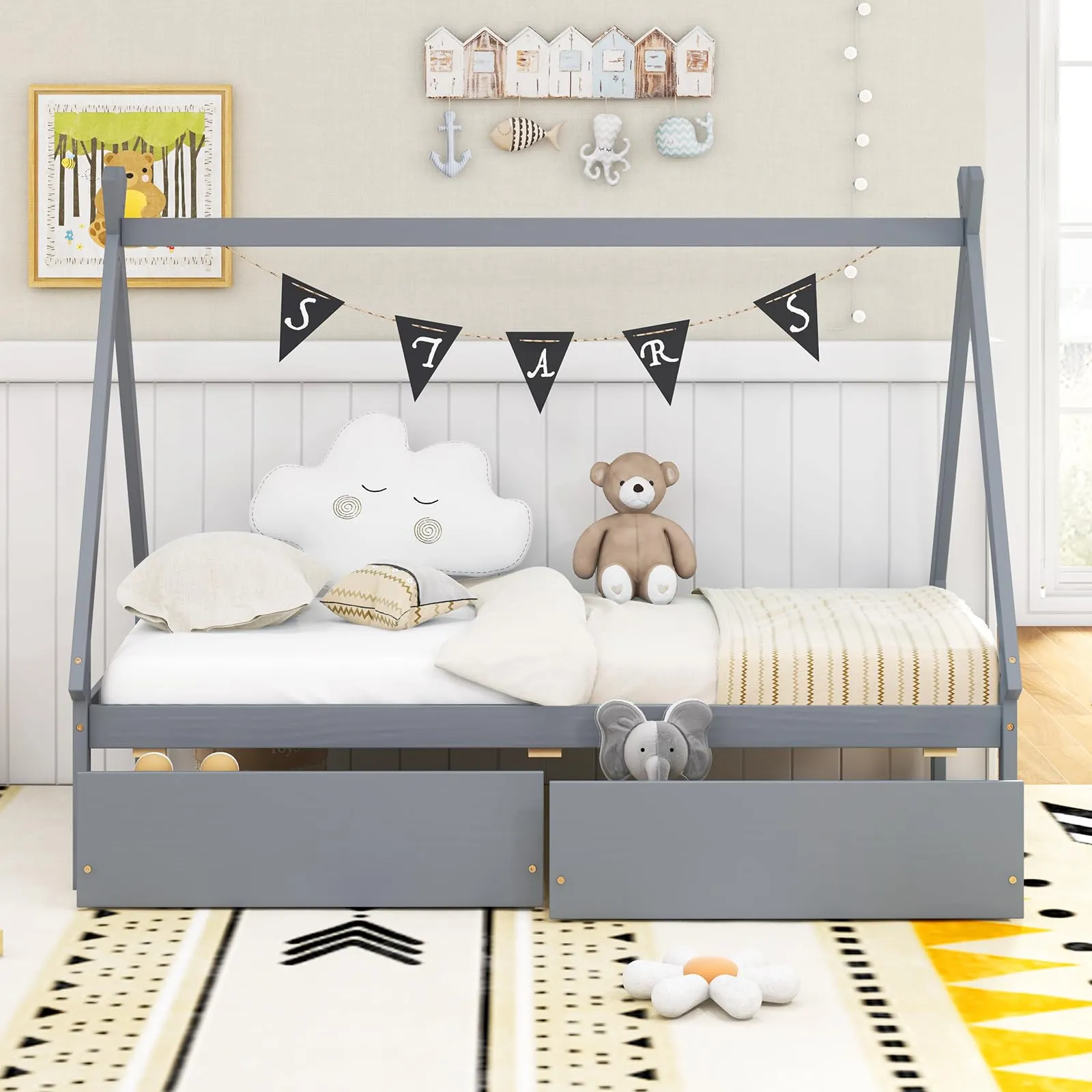 Giantex Twin Bed Frame with 2 Storage Drawers, Wood House Tent Platform Bed Frame with Triangle Structure