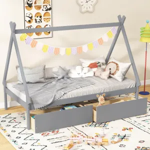 Giantex Twin Bed Frame with 2 Storage Drawers, Wood House Tent Platform Bed Frame with Triangle Structure bed frame, queen bed