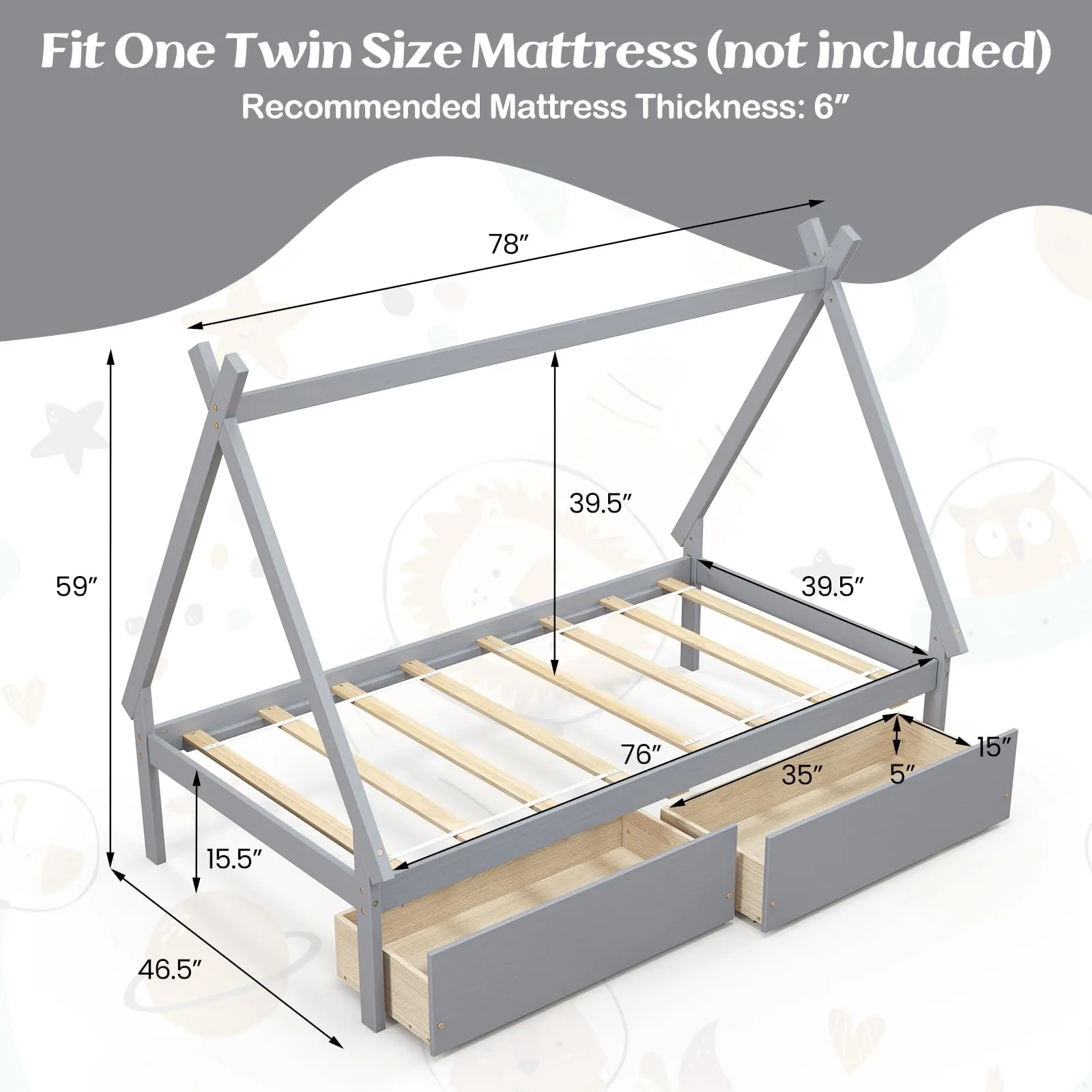 Giantex Twin Bed Frame with 2 Storage Drawers, Wood House Tent Platform Bed Frame with Triangle Structure