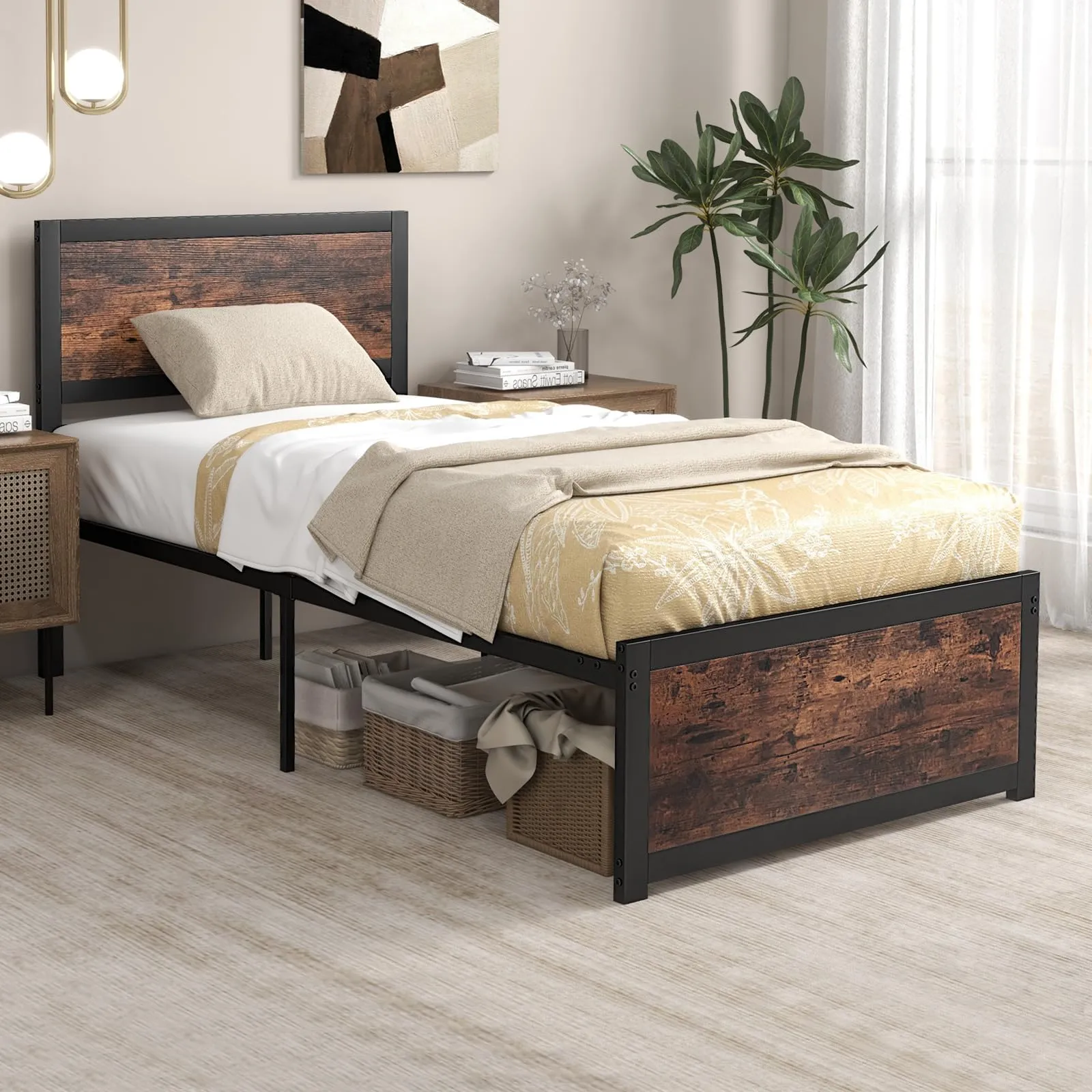 Giantex Twin Bed Frames for Kids, Industrial Metal Platform Bed with Headboard