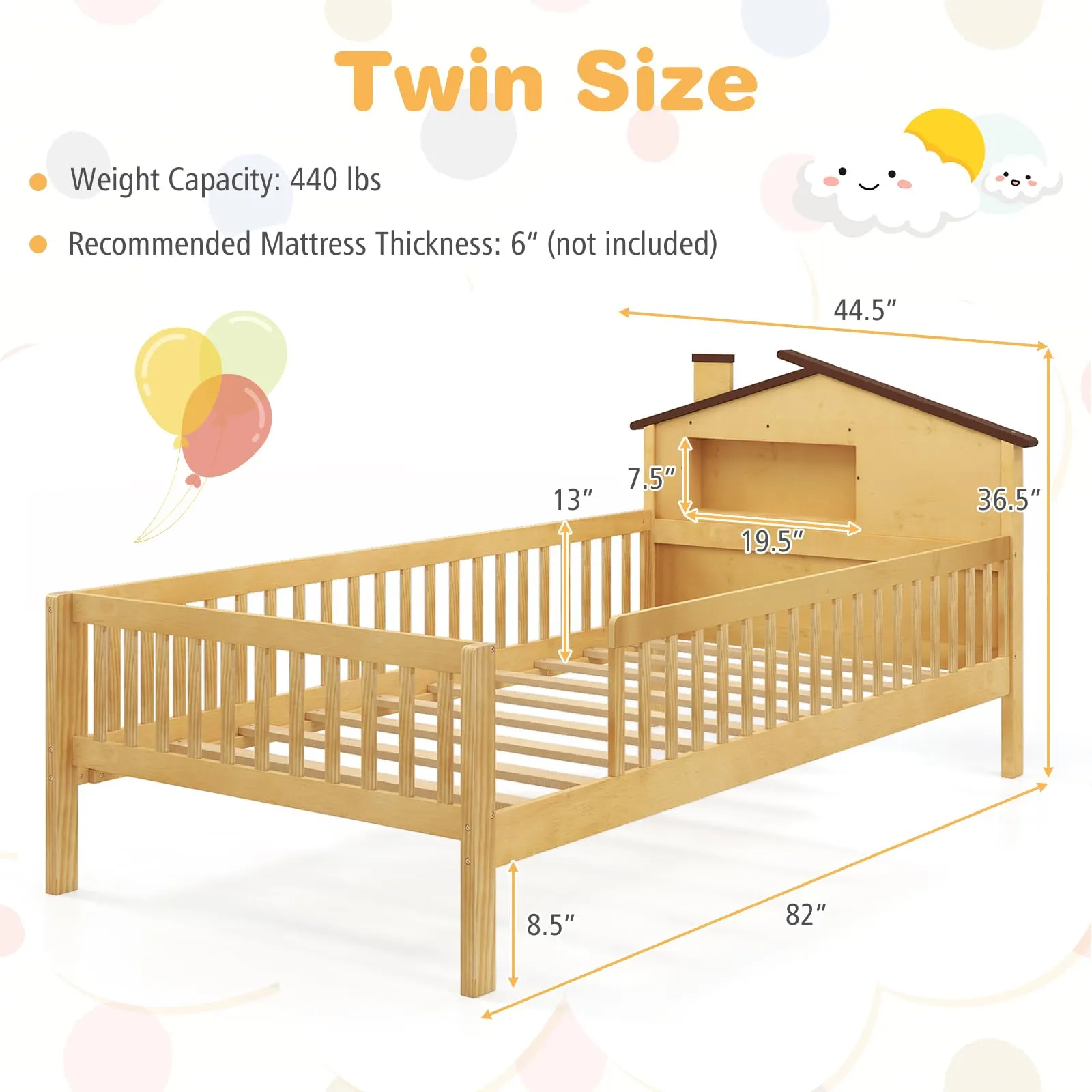 Giantex Twin Bed Frames for Kids, Solid Wood Montessori Bed with House-Shaped Headboard & Built-in Storage Shelf