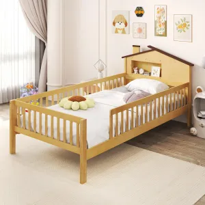 Giantex Twin Bed Frames for Kids, Solid Wood Montessori Bed with House-Shaped Headboard & Built-in Storage Shelf bed frame, queen bed