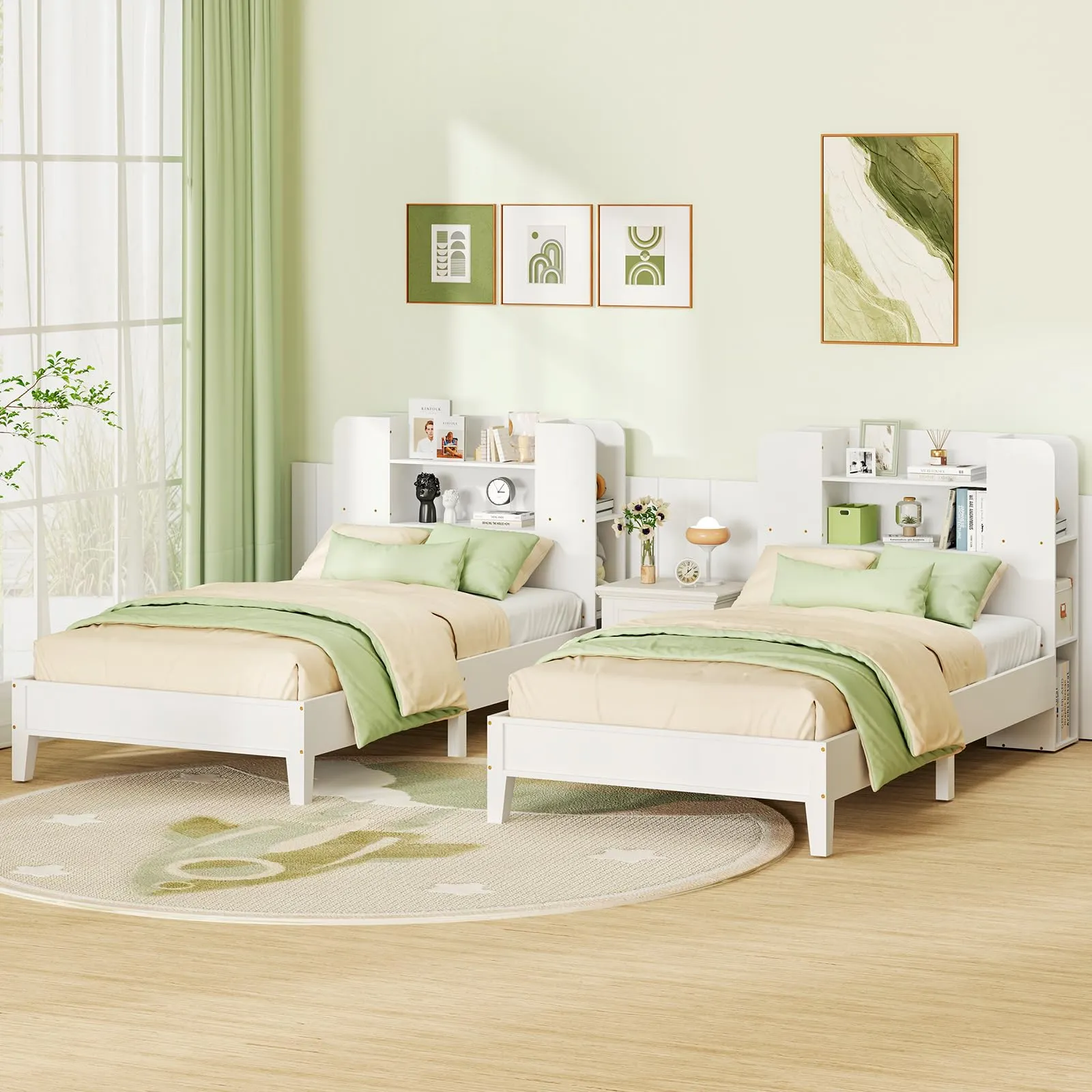 Giantex Twin Bed Frames for Kids, Wooden Twin Size Bed with Storage Bookcase Headboard