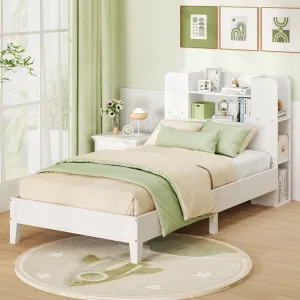 Giantex Twin Bed Frames for Kids, Wooden Twin Size Bed with Storage Bookcase Headboard bed frame, queen bed