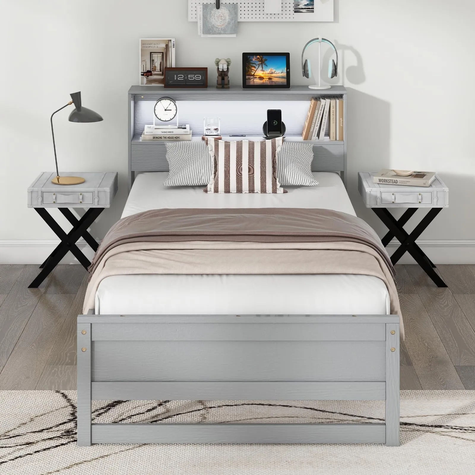 Giantex Twin Bed Frames with Storage Headboard, Wood Platform Bed with Charging Station & LED Light