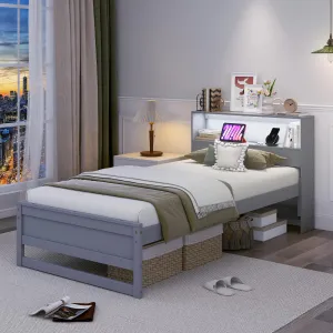 Giantex Twin Bed Frames with Storage Headboard, Wood Platform Bed with Charging Station & LED Light bed frame, queen bed