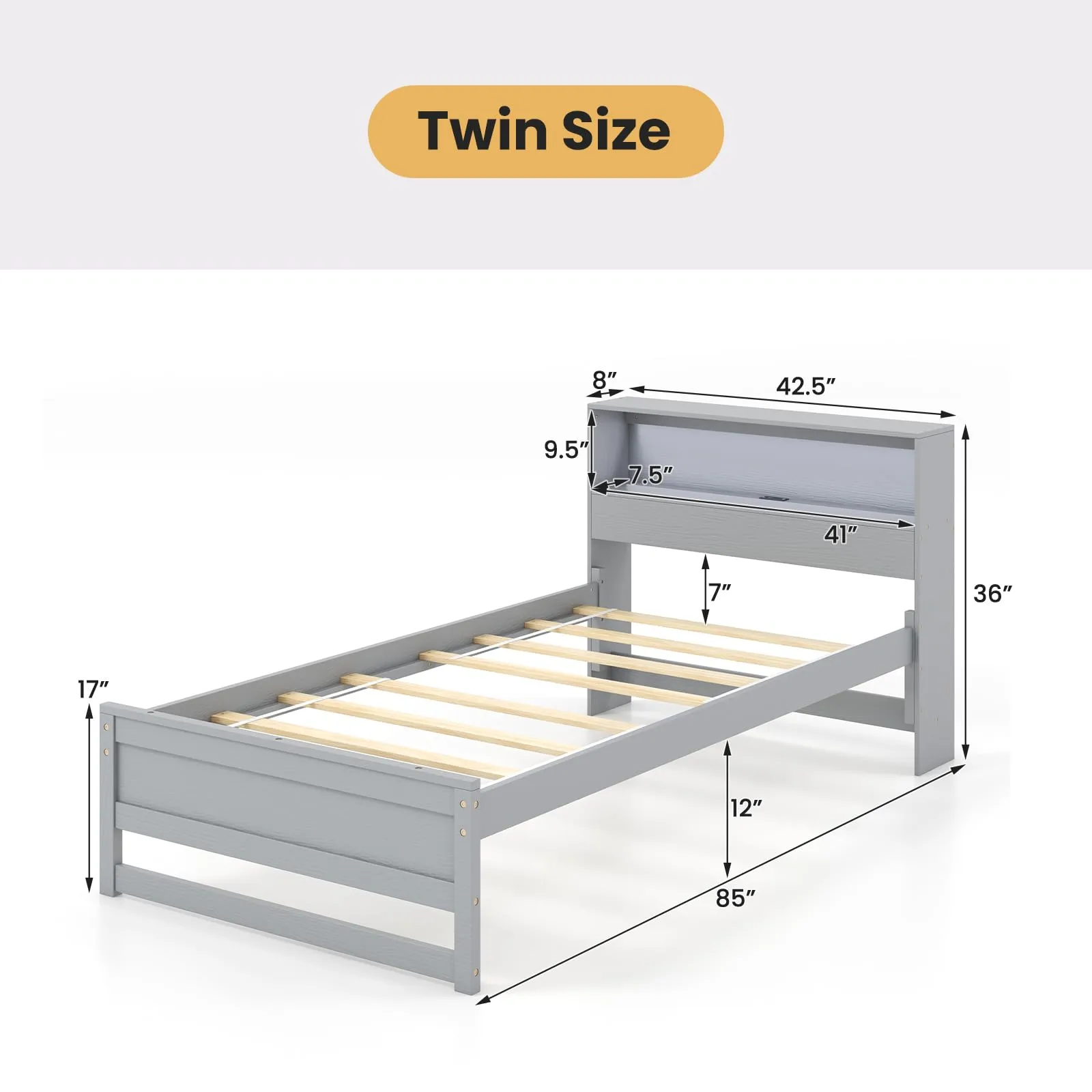 Giantex Twin Bed Frames with Storage Headboard, Wood Platform Bed with Charging Station & LED Light